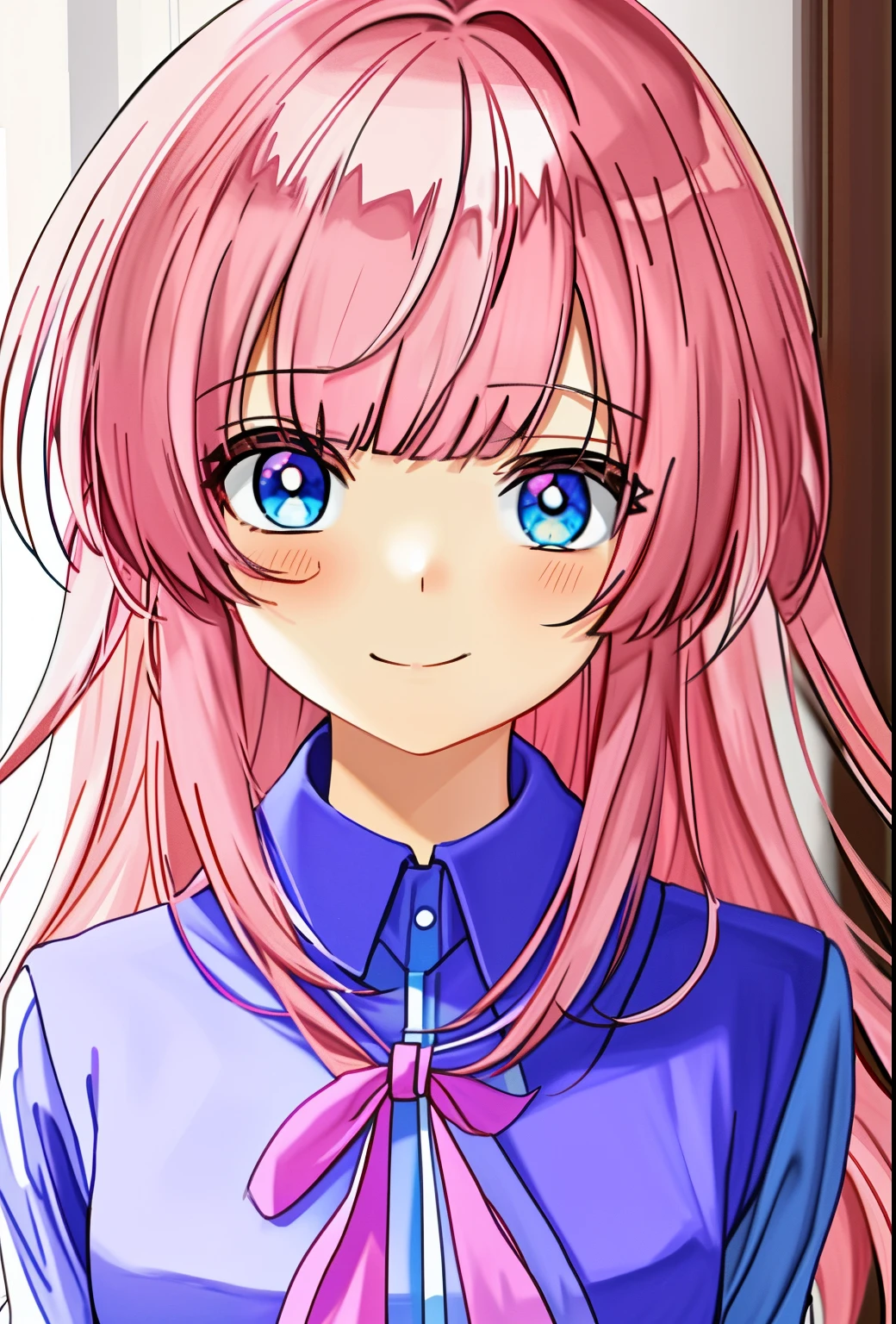 Anime girl, blue eyes, pink hair, blue t-shirt