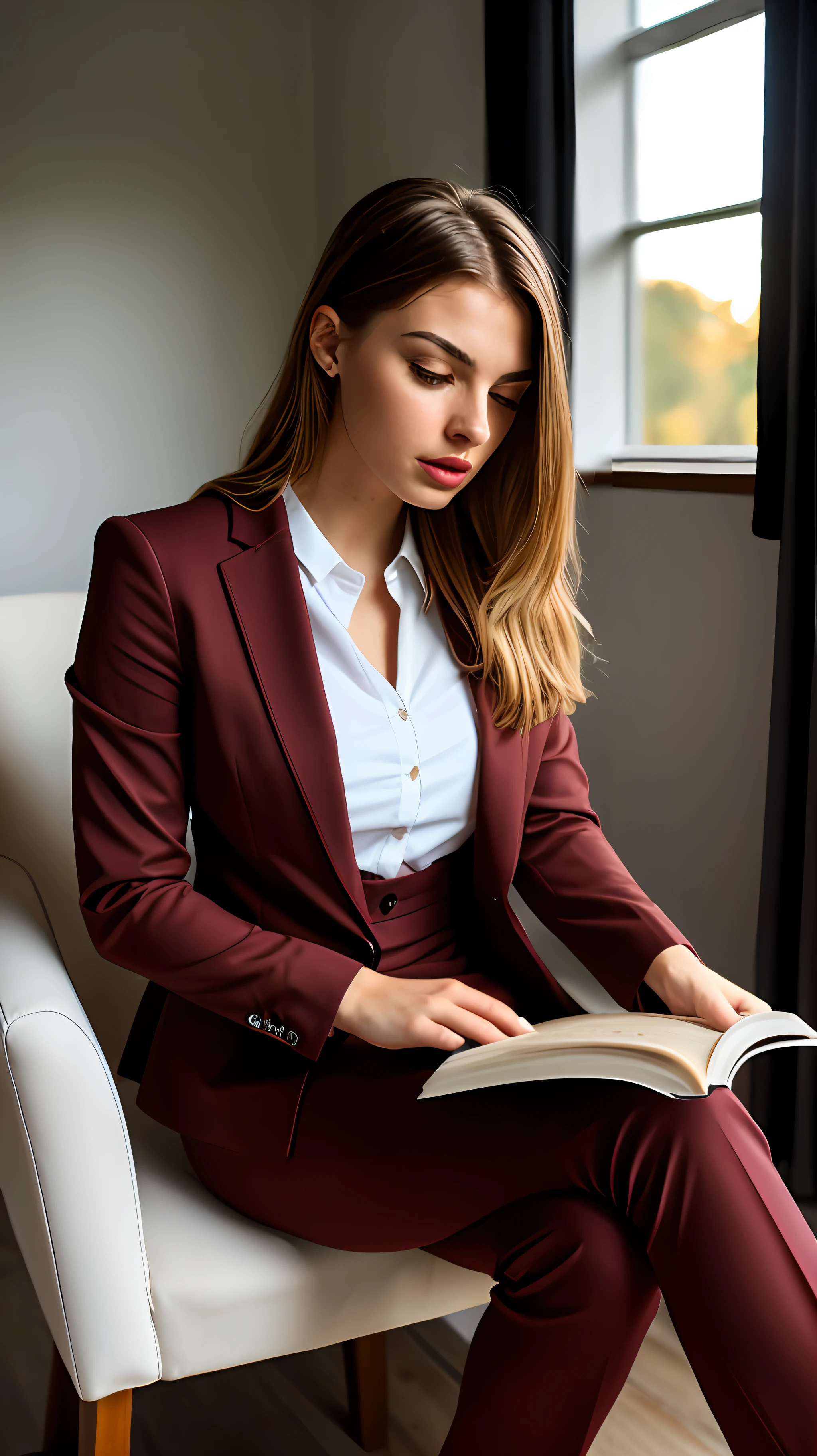 (Sharp Focus:1.2), Photo, Beautiful young woman, 23 years old, (Beautiful face:1.1), Detailed eyes, lush lips, (cat makeup:0.85), (Wavy hair), (long, blonde hair), (Women&#39;s fair skin), Tedious (burgundy suit) Young woman sitting on a chair and reading a book, Reading a magazine, clever woman, Home Office, John shouted, young business woman, (moody lighting: 1.2), depth of field, hips , 8K, Photorealistic, super detailed