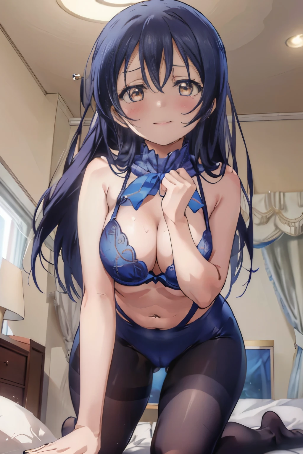 (((pixel perfect, Perfection in every detail))), alone, 1 girl, Umi Sonoda, looking at the viewer, A shy smile and dripping sweat, heart-shaped eyes, simultaneous, nadium chest,
blush, Show erotic face viewer, from below, concentrated, Beyond the particles of light, love hotel bedroom, blue bra,blue garter belt,blue underwear,blue tights,,crawl on all fours