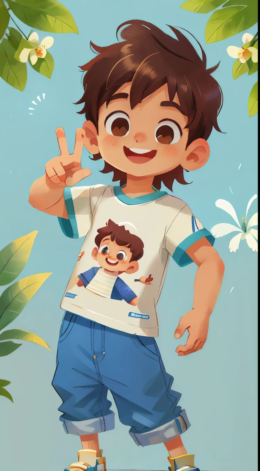 A , branco de cabelo castanho claro e cacheados, dark brown eyes smiling doing the number two with his hand. Usando uma blusa branca e jardineira azul claro. Fundo branco