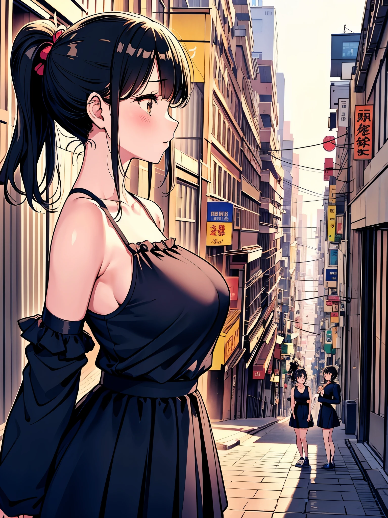 【Highest Quality, masutepiece】 [girl, dress, ponytail, Upper body] (retro city), breast, profile
