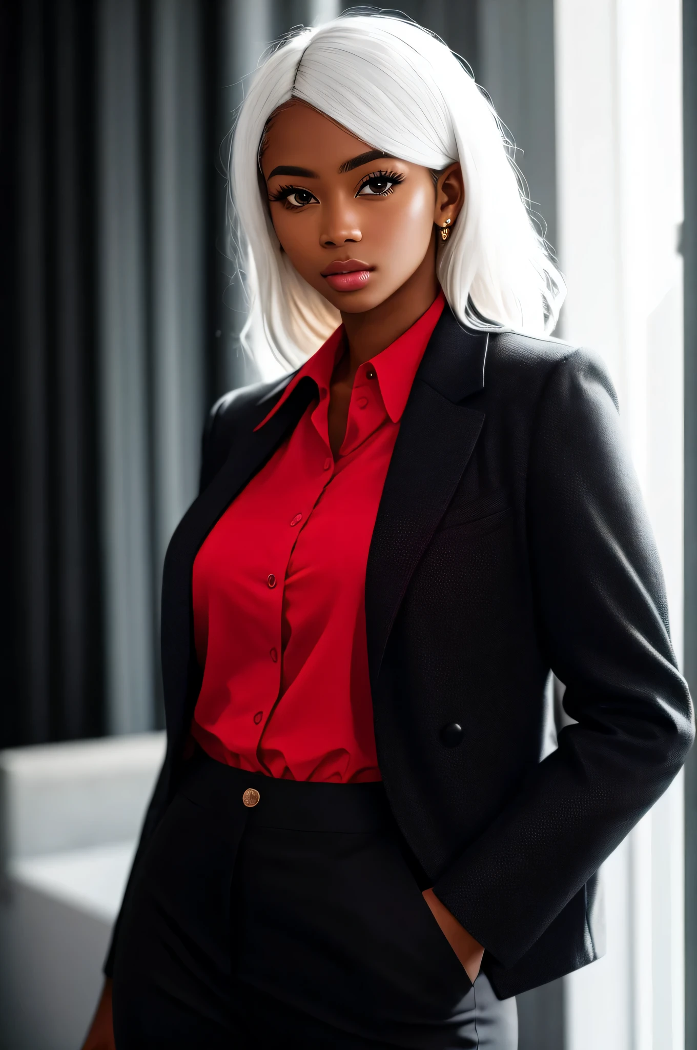 Best quality, masterpiece, high resolution, 1 young black woman, dressed in black choir pants and jacket,red blouse,white hair, beautiful face, physique, Tyndall effect, realistic, dark studio, rim lighting, duotone lighting, (high detail skin: 1.2), 8k uhd, DSLR, soft light, high quality, volumetric light, stealth shot, photo, high resolution, 4k, 8k, bokeh