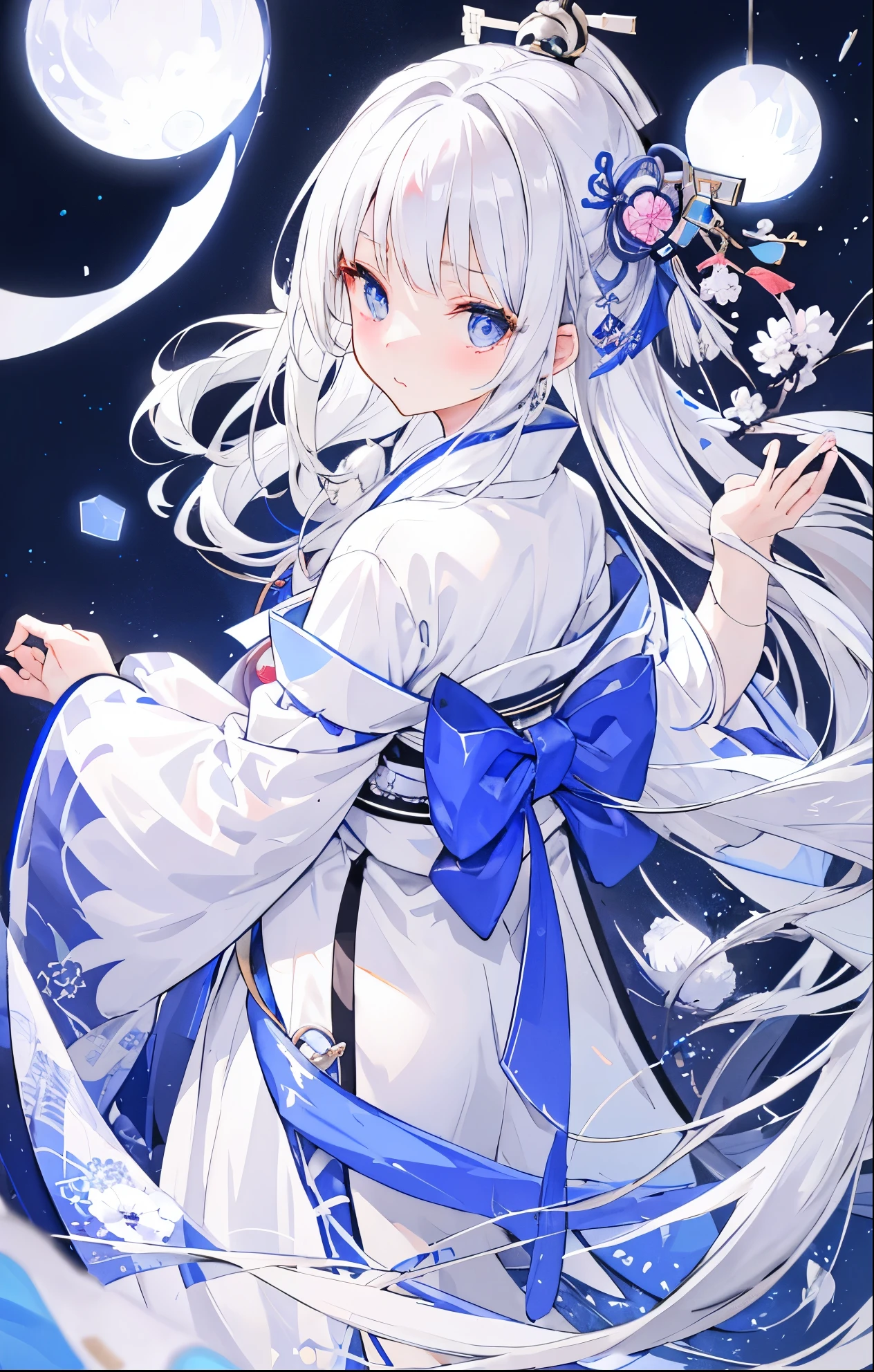 Silver-white hair,pupil,very stunning,Petite and cute little sweet girl,White blue Japanese kimono soft and waxy texture,Super cute