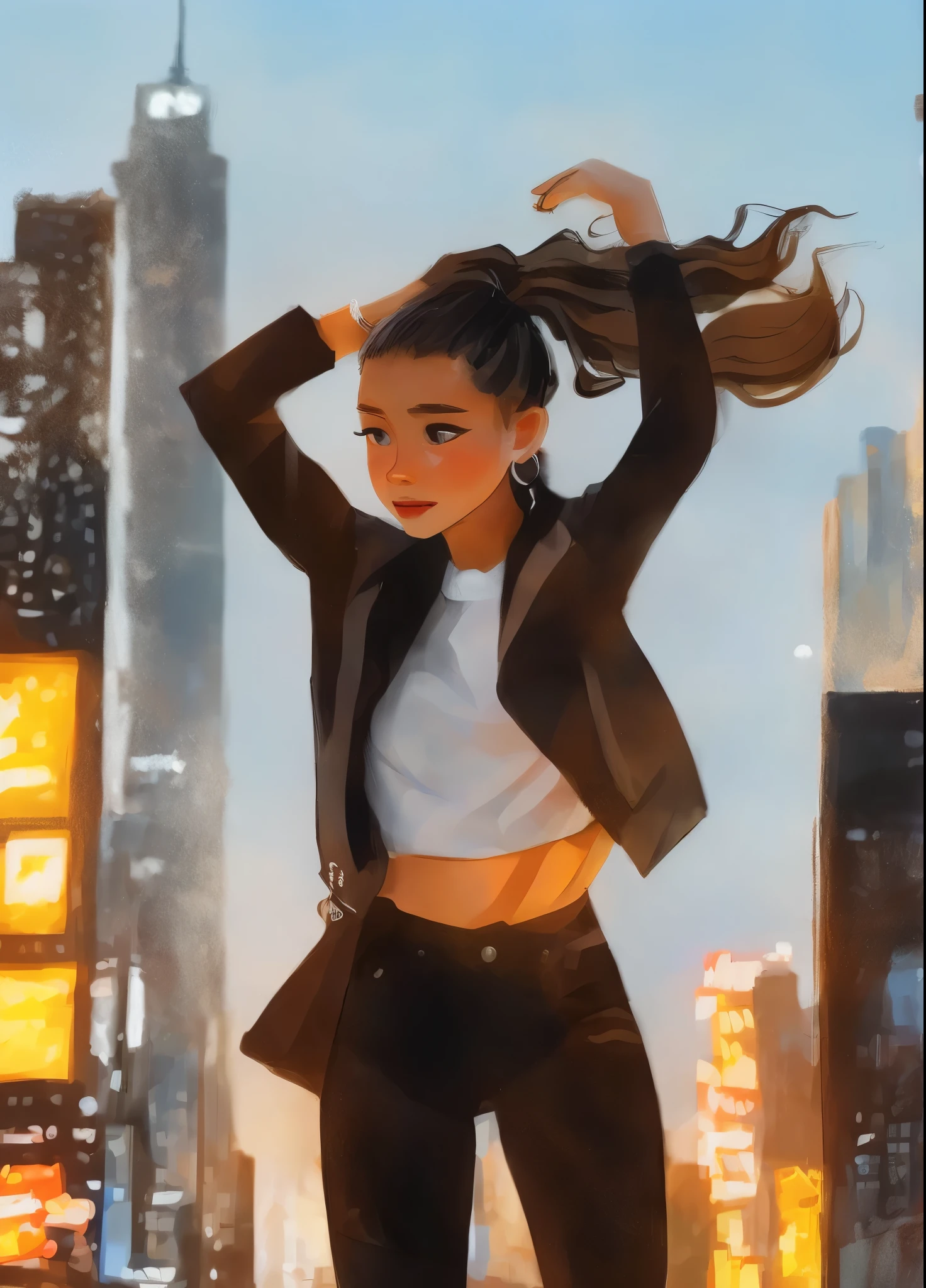 (best quality,ultra-detailed,portrait,illustration:1.2),Ariana Grande with a ponytail, a woman, detailed eyes and lips, a highly detailed portrait of Ariana Grande, her hair tied in a ponytail, with (Samdoesart)'s style, set in a vibrant city background with tall buildings, bright lights, and bustling streets.