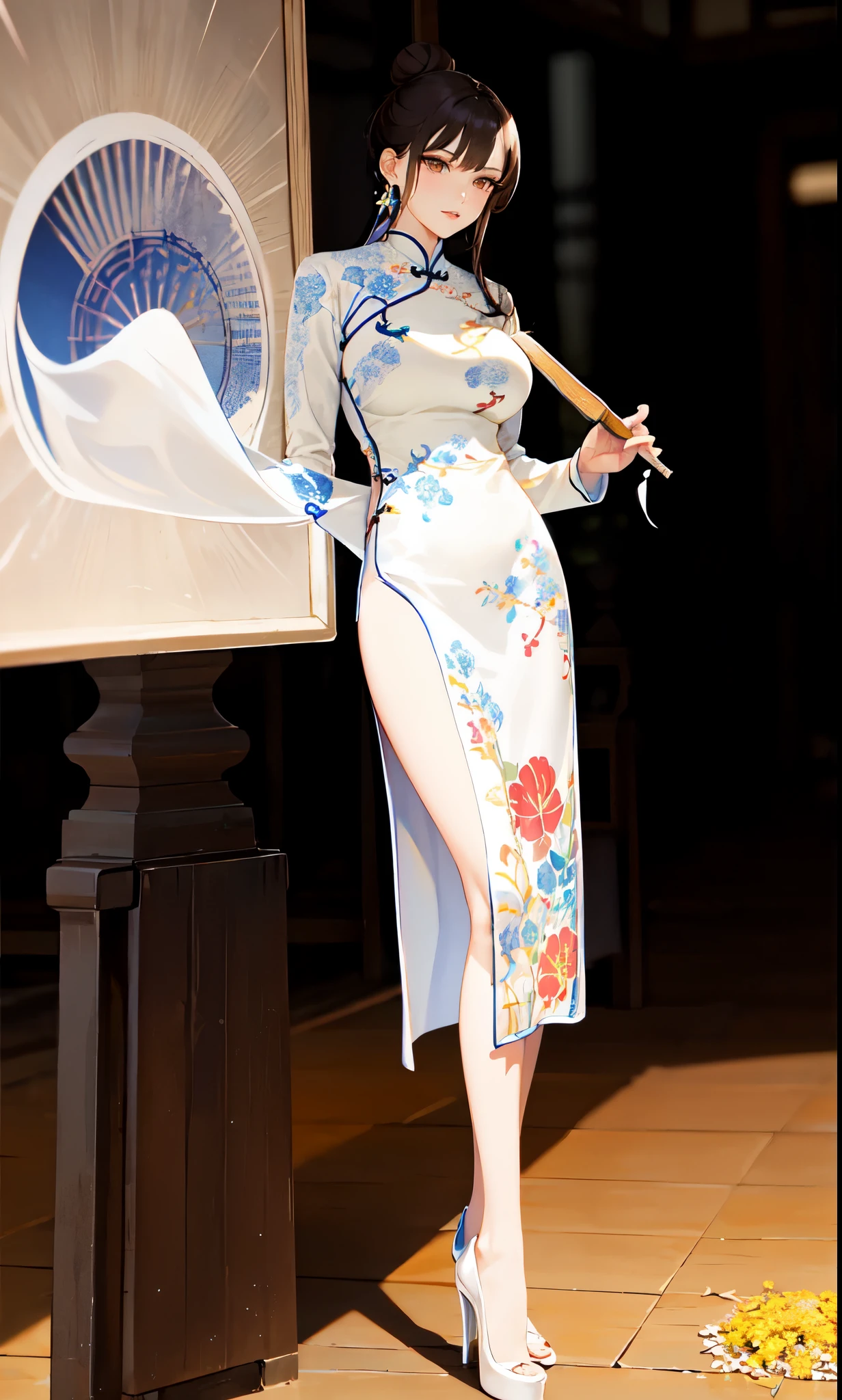 detailed background,(Brown color long hair low bun:2.0),Standing close-up,dream world,Royal sister,braid,earring,(Elongated danphoenix eyes,eye shadow,long eyelashes),Elongated danphoenix eyes,handheld fan,(Chinese cheongsam short skirt,Shredded flower cloth:2.0),(big breast),(Soft light and shadow:1.9),white high heels,Detailedly drawn backgrounds