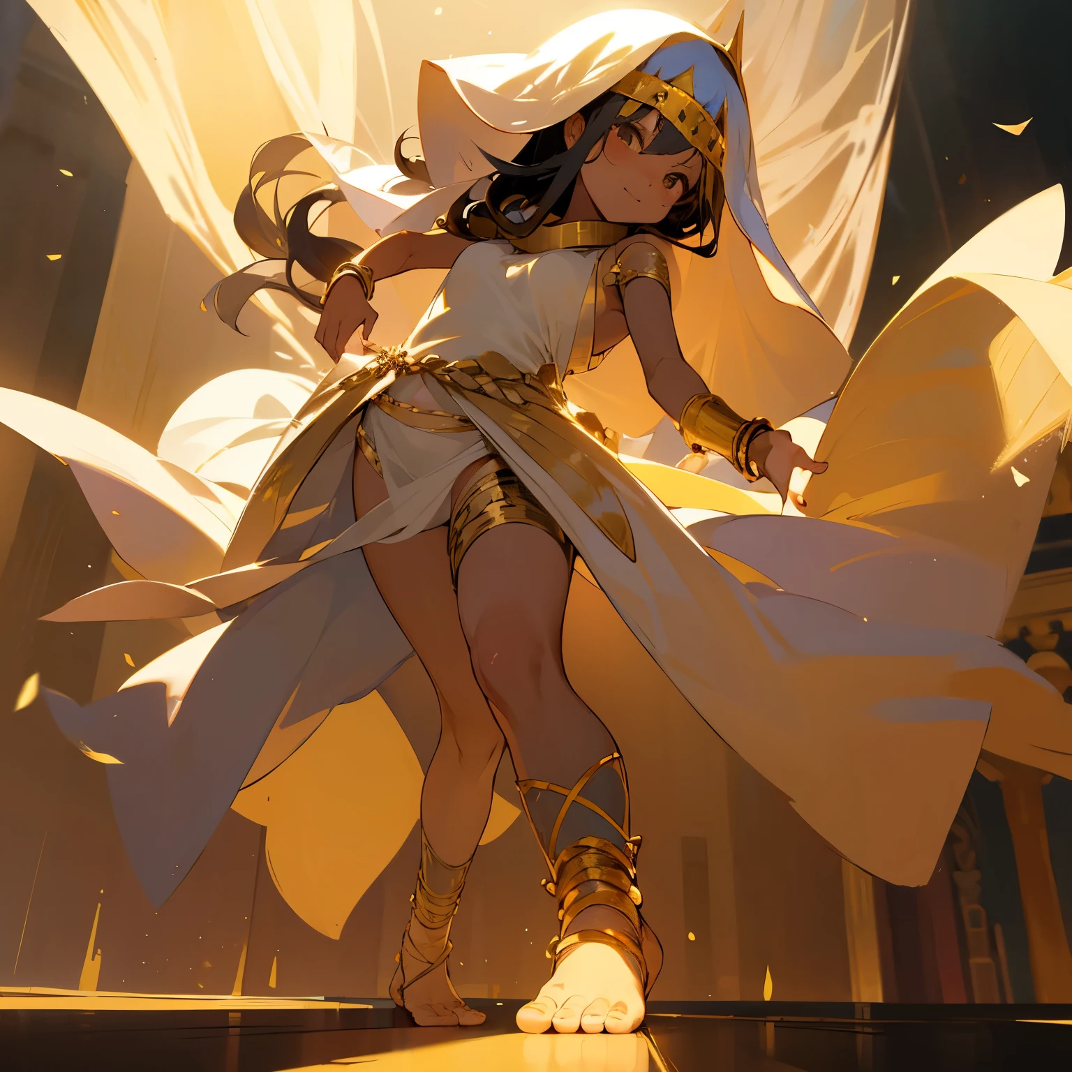 harem、Young girl dancing wearing a white bikini、long black hair、wheat-colored skin、barefoot、circlet、anklet、bracelet、palace、lots of western lights、scarf、