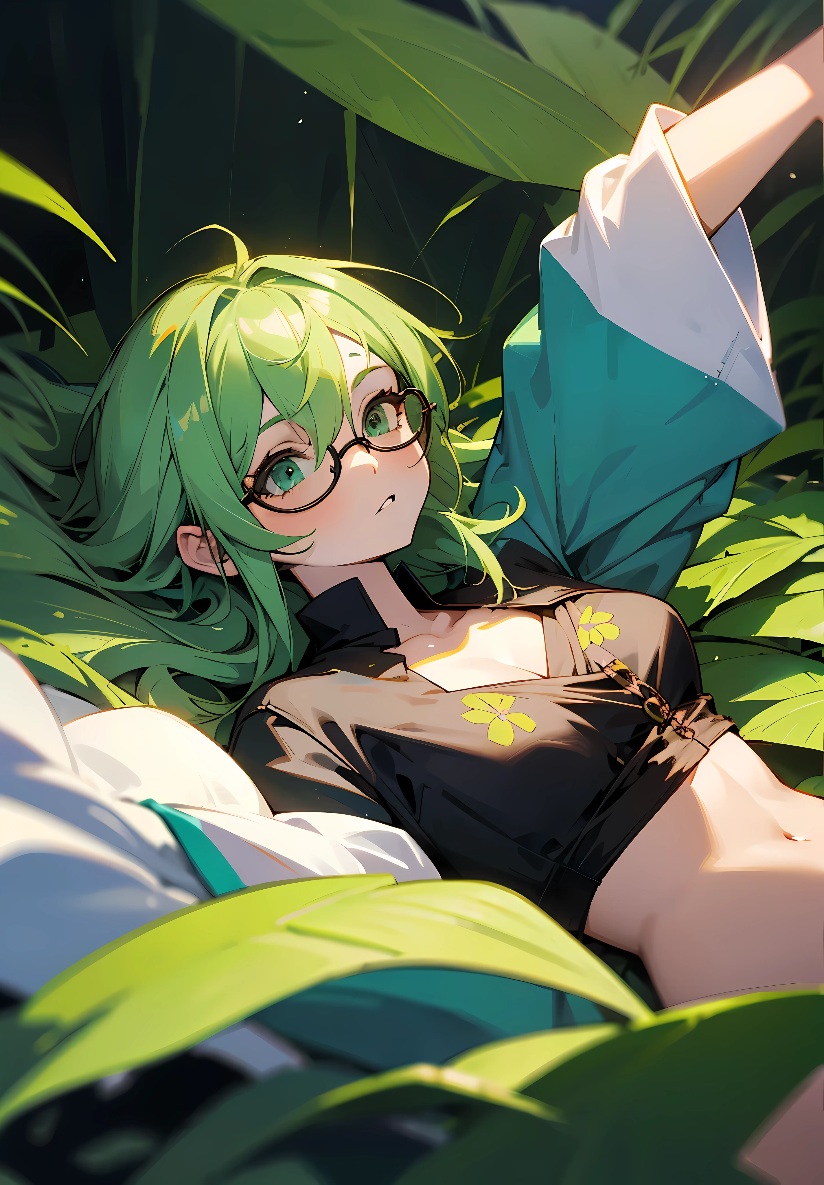 Green hair, 1girl , bed of leaves with flowers, wearing round glasses, shirt half open , looking up, left arm up , bikini