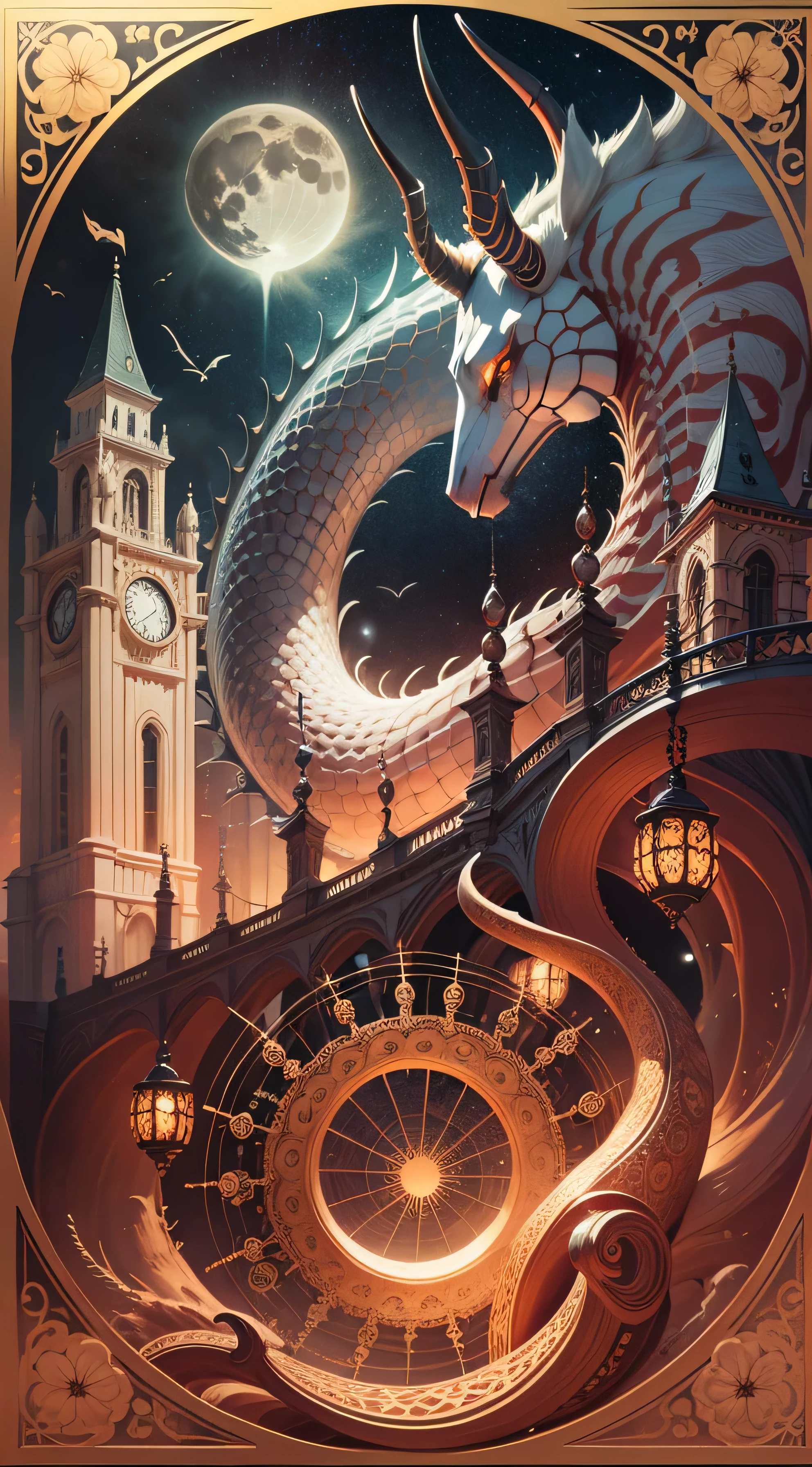 Ophidian, Fantasy realism, Moonrise color palette, Hyper-detailed illustration, Art Nouveau, Steampunk, Bloomcore, Ink on Parchment