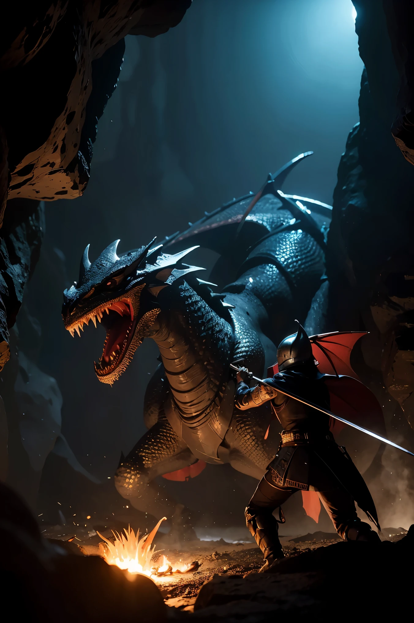 Knight Ivan,fighting a dragon, in a dark cave, masterpiece:1.2, ultra-detailed, realistic:1.37, sharp focus, vivid colors, bokeh, dramatic chiaroscuro, horror, The rapture of the kingdom