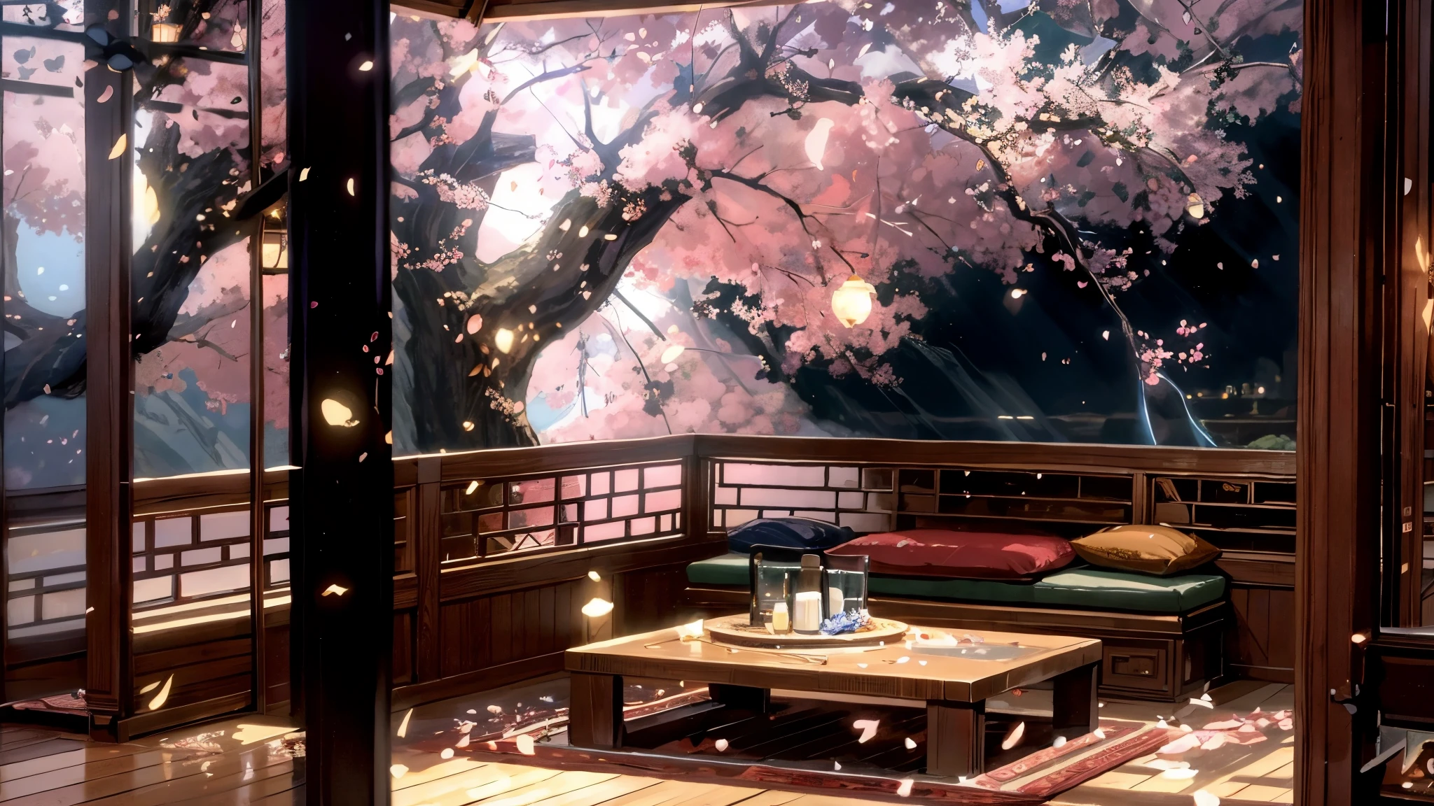 there is a room with a couch and a table in it, relaxing concept art, anime background art, anime background, sakura season dynamic lighting, anime art wallpaper 8 k, cozy cafe background, anime beautiful peace scene, scenery wallpaper aesthetic, beautiful anime scene, quiet and serene atmosphere, cozy wallpaper, relaxing atmosphere, relaxing environment, background art, beautiful anime scenery