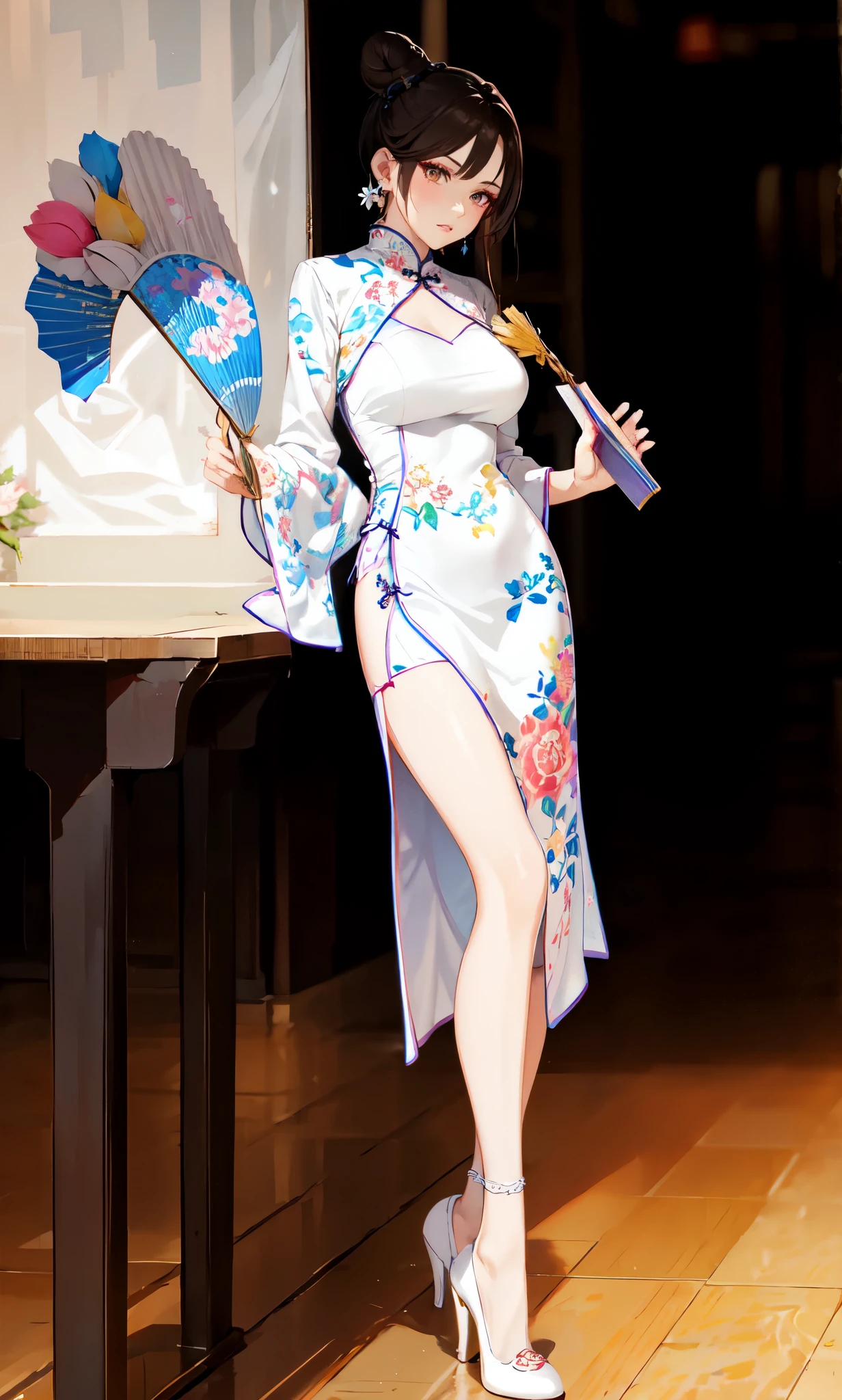 detailed background,(Brown color long hair low bun:2.0),Standing close-up,dream world,Royal sister,braid,earring,(Elongated danphoenix eyes,eye shadow,long eyelashes),Elongated danphoenix eyes,handheld fan,(Chinese cheongsam short skirt,Shredded flower cloth:2.0),(big breast),(Soft light and shadow:1.9),white high heels,Detailedly drawn backgrounds