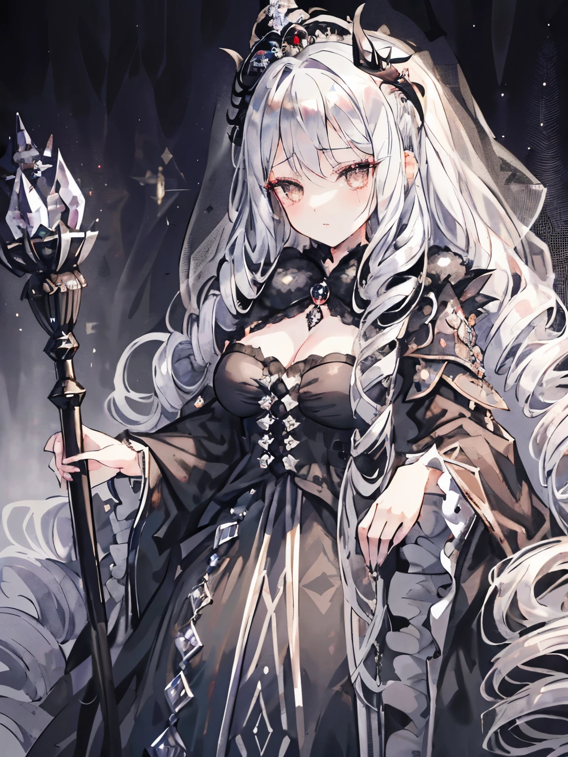 girl,((fluffy silver hair)),((drill curl long hair)),((tied loosely:1.2)),((A jet black crown and a black veil:1.2)),((noble atmosphere)),condescending face,cute,close up of face,(crown background:1.3),((emperor of darkness:1.4)),((Luxurious, dark and gorgeous dress:1.2)),((Finely decorated crystal wand:1.3))