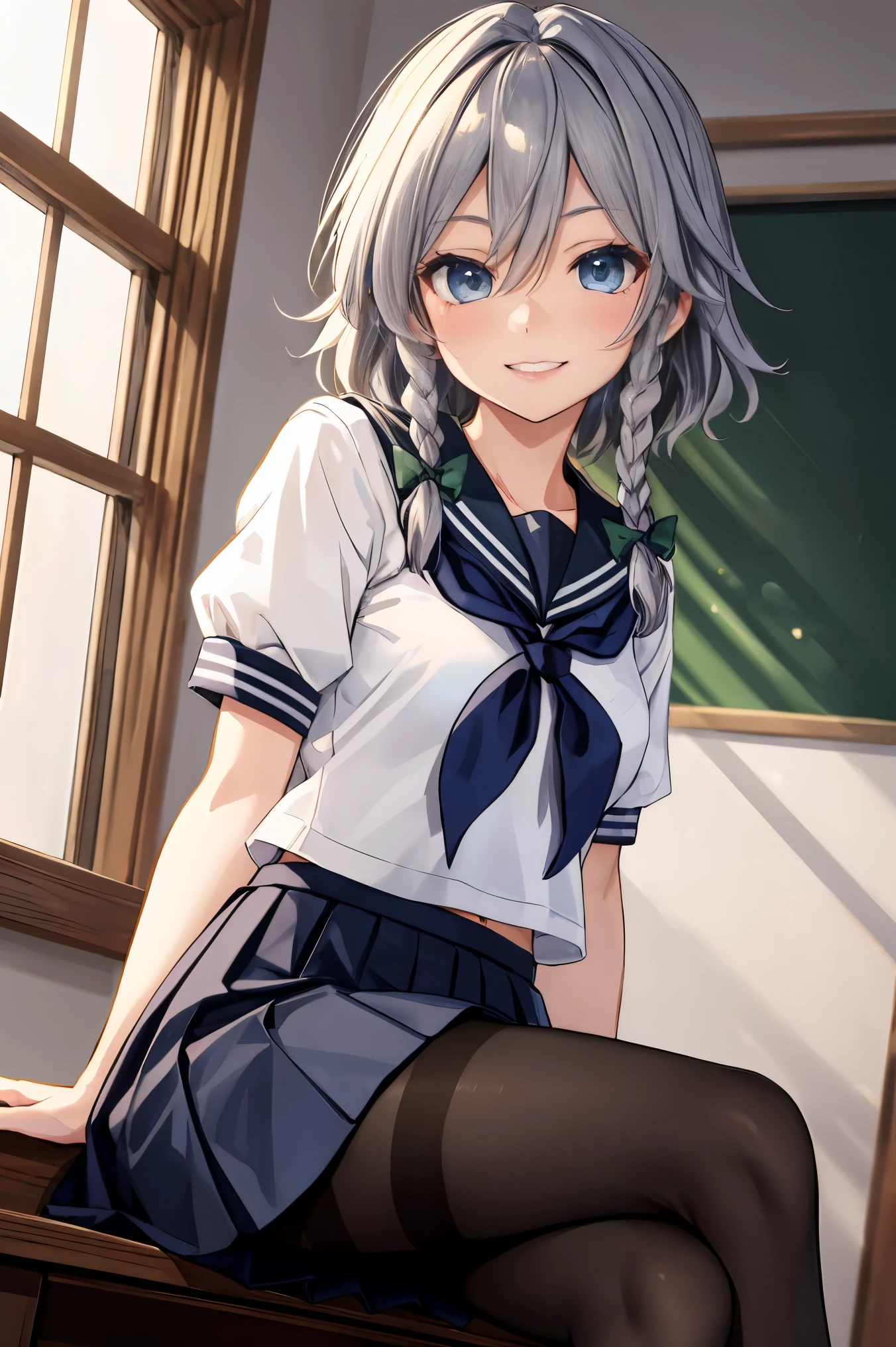 masterpiece:1.2, best quality, ((ultra detailed)), high resolution, 2d, anime style , photo, photography, detailed background, solo, {izayoi_sakuya_touhou}, braid, twin_braids,school uniform,serafuku,black pantyhose,pleated skirt,short_hair,  grey_hair,bangs, blue_eyes, ribbon, hair_between_eyes,cowboy shot,BREAK light smile,sitting,cross legs,