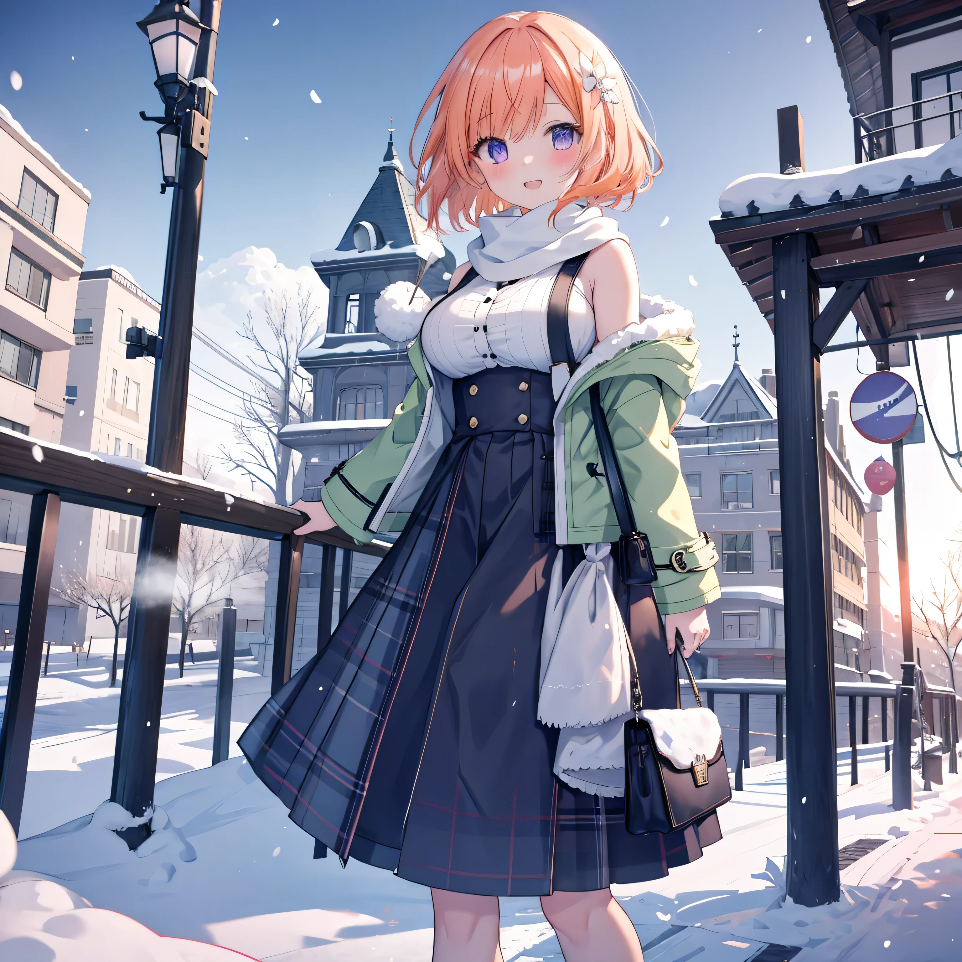 {{{one girl with seven heads}}}, beautiful detailed girl, game CG, spring blossoms, short bob hair, pastel orange hair, purple eyes, stylish accessories, alone, Breast augmentation, medium shoot, woman, big breasts,{{{{{plaid skirt}}}}}, Stylish bag, {{{{{Wearing a green coat}}}}}, milky white muffler, beautiful and detailed eyes, highest quality, super delicate, highest quality, official art、highest quality、unity 8k wallpaper、32K、masterpiece、Super detailed, blue sky visible in the distance, Asahi, fantasy background,A city full of snow and light, traditional architecture, Multiple three-dimensional clouds in the distance, cute smile, open your mouth, Event still images, anime style girl, bridge, snow scene, warm coat and scarf, visible breath, Exhale white, soft, Anime style like watercolor painting, white and blue, snow day, walk, 