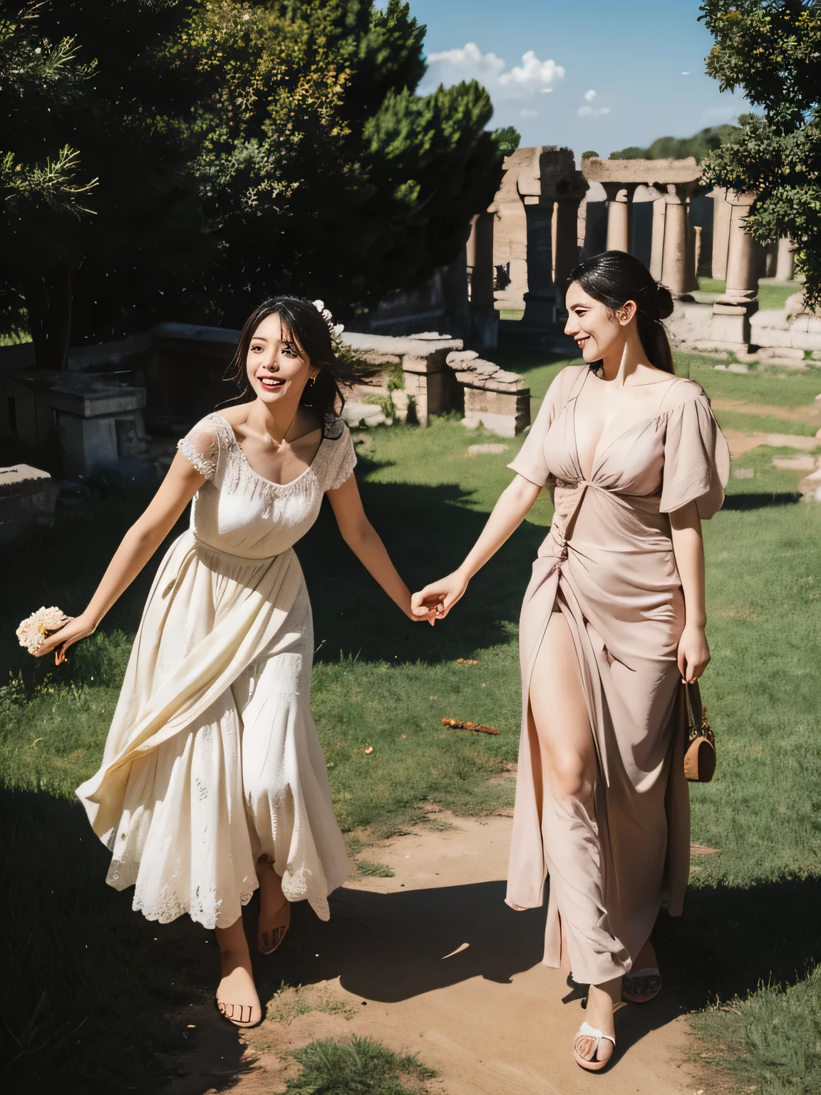 full body portrait,Ancient Roman ruins,Poussin-style landscape,A smile,,Sweet and seductive appearance.、Caravaggio's paintings、Chiaroscuro of Caravaggio、Hair disheveled in the wind,Two women frolicking,Cute smile, Expression of ecstasy,A sexy,Erotic