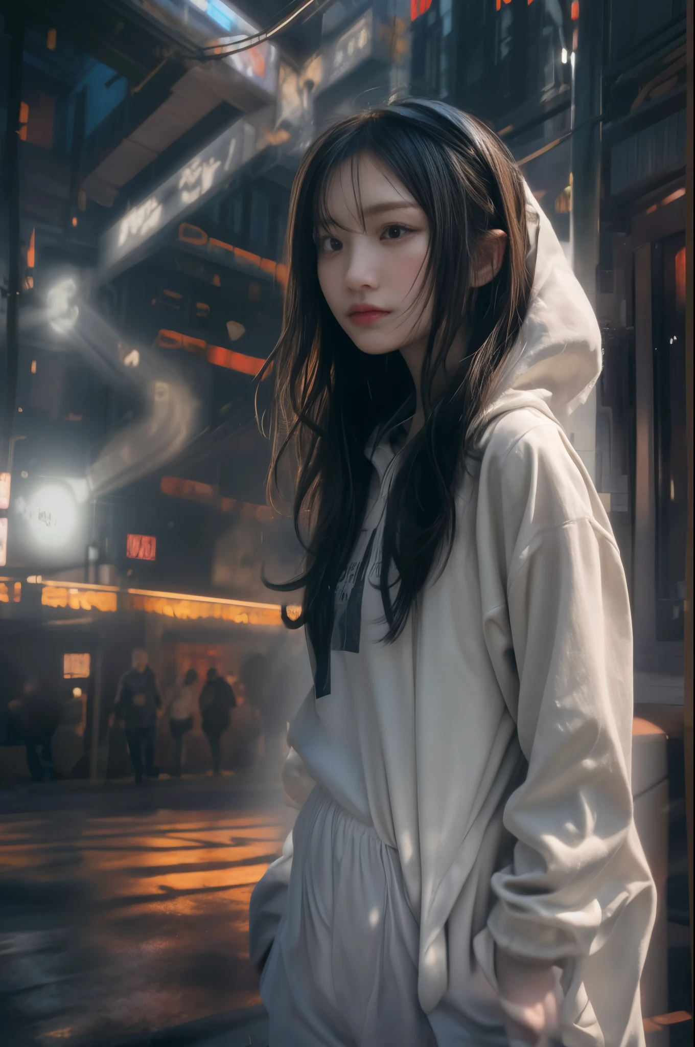 Best quality at best, Top image quality, wallpaper 16k, Raw image, realistic texture masterpiece: 1.9, (((medium long shot))), blur background, image must taken from medium long shot, hyper realistic:5.5, realistic all object texture, (relax pose), relax hand, black gradient white hair, realistic beautiful chinese female, epic dramatic cinematic, Ultra-realistic light, soft lighting, (( perfect female hair masterpiece)), medium long or shorts hair with light black hair, 18-year-old face woman, eye detail masterpiece, pores1.5, realistic skin masterpiece, realistic shadow, slender legs, very slender female physique, yellow jumper hoodie, oversize hoodie, realistic solid cotton wearing masterpiece, realistic solid shoe, 1Girl, tall girl, background 8.5, brunette black hair, Chinese woman, Live the life of Riley, ((long solid cotton trousers)), clear sky:1.3, cyberpunk backpack, sneaker shoe, strong reflection, lighting from side, dramatic side lighting, Background blur, mystical dark japanese steampunk city neon glow light portal: 1.2, light ray realistic masterpiece, warm sun light, warm ray light: 1.2, glow light: 1.2, random light color for the best combination, cinematic grains:1.4, tmasterpiece, masterpiece, ((masterpiece)), (falling glow particle), (taken from below-up perspective shot), image taken from fujifilm xt-3 with Fujinon 50mm lens, appeture f2, shot from below perspective, octan render hyper-realistic power max, Pulitzer Prize for Best Photography, Taylor Wessing Award for Best Photography, Blur the background with a sickle. White smoke foreground and background. Realistic asian female body. Using Photography techniques: Rule of Thirds, Centered Composition and Symmetry, Foreground Interest and Depth, (Frame with the frame), (rule of space), (shot from below), anime tone color, vivid color, vivid glow color masterpiece, reflection:1.5, ultra detail solid trousers, realistic hoodie, super detail of realistic wearing, oval head face, (( strong contrast))