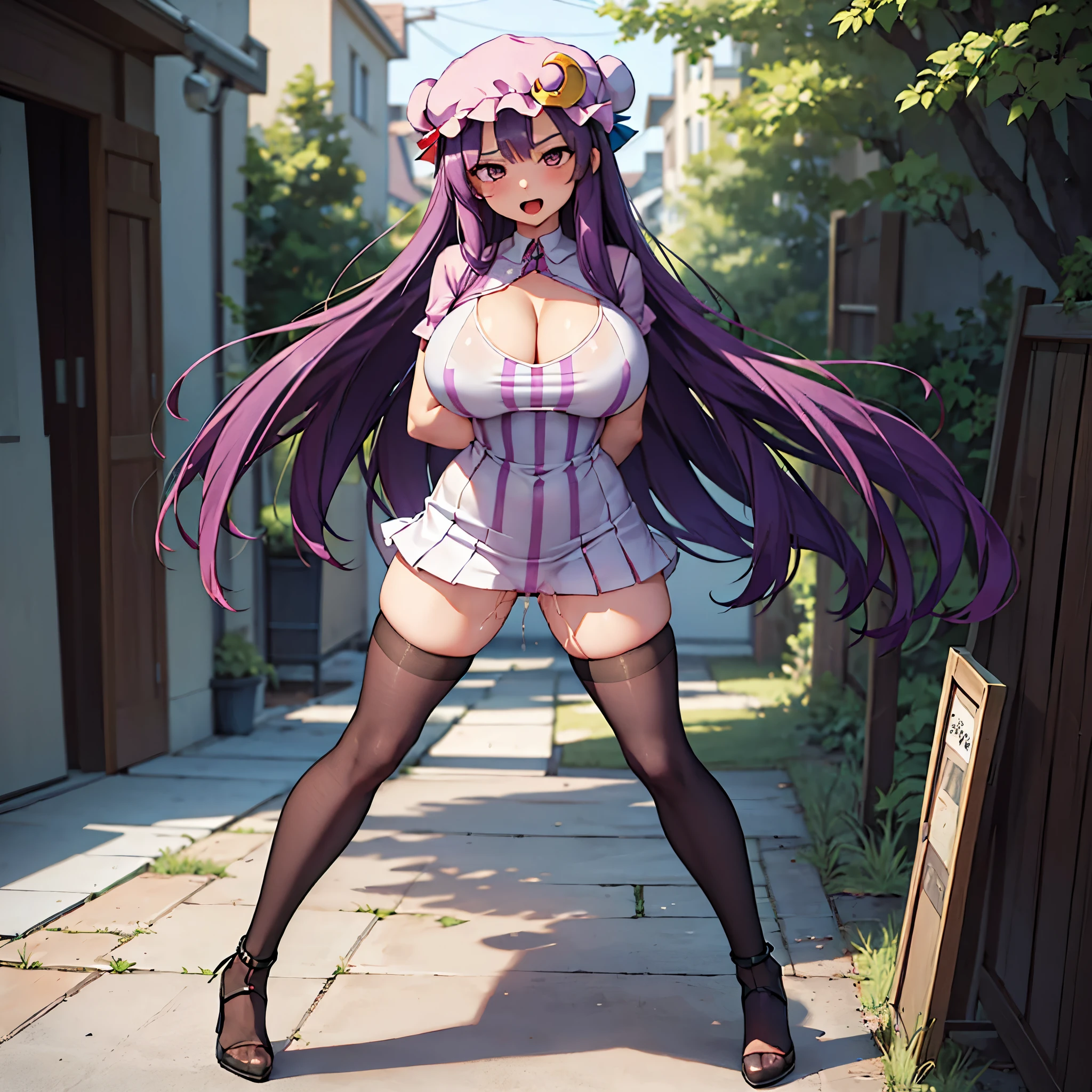 (Patchouli toho character:1.2), (standing at lakeside forest), outside, (standing with open legs wide:1.6), (thin arms behind back:1.3), (bending back:1.2), tiptoe, (pigeon toed), BREAK, (disproportionately gigantic huge perky breasts:1.4), cleavage, bouncing breasts, inconceivably thin waist, very short thin torso, (thin long legs apart:1.3), BREAK, very short miniskirt, thigh gap, (black thighhighs:1.2), highheels, BREAK, smile for viewer, open mouth, nose blush, full body, (excessive pussy juice cascade down between legs to ground:1.4), orgasm