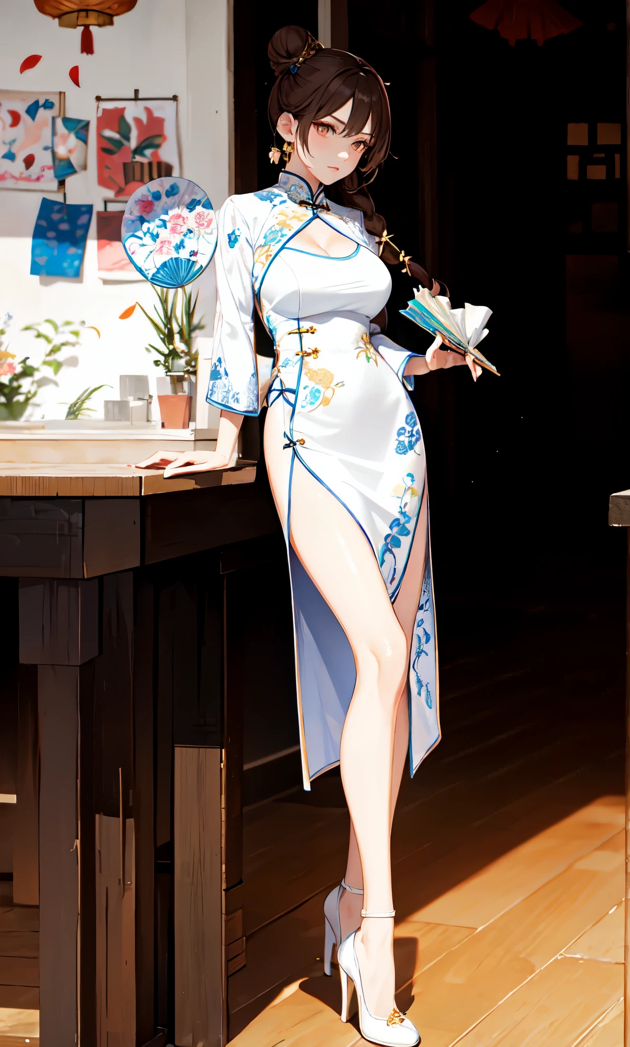 detailed background,(Brown color long hair low bun:2.0),Standing close-up,dream world,Royal sister,braid,earring,(Elongated danphoenix eyes,eye shadow,long eyelashes),Elongated danphoenix eyes,handheld fan,(Chinese cheongsam short skirt,cleavage,Shredded flower cloth:2.0),(big breast),(Soft light and shadow:1.9),white high heels,Detailedly drawn backgrounds