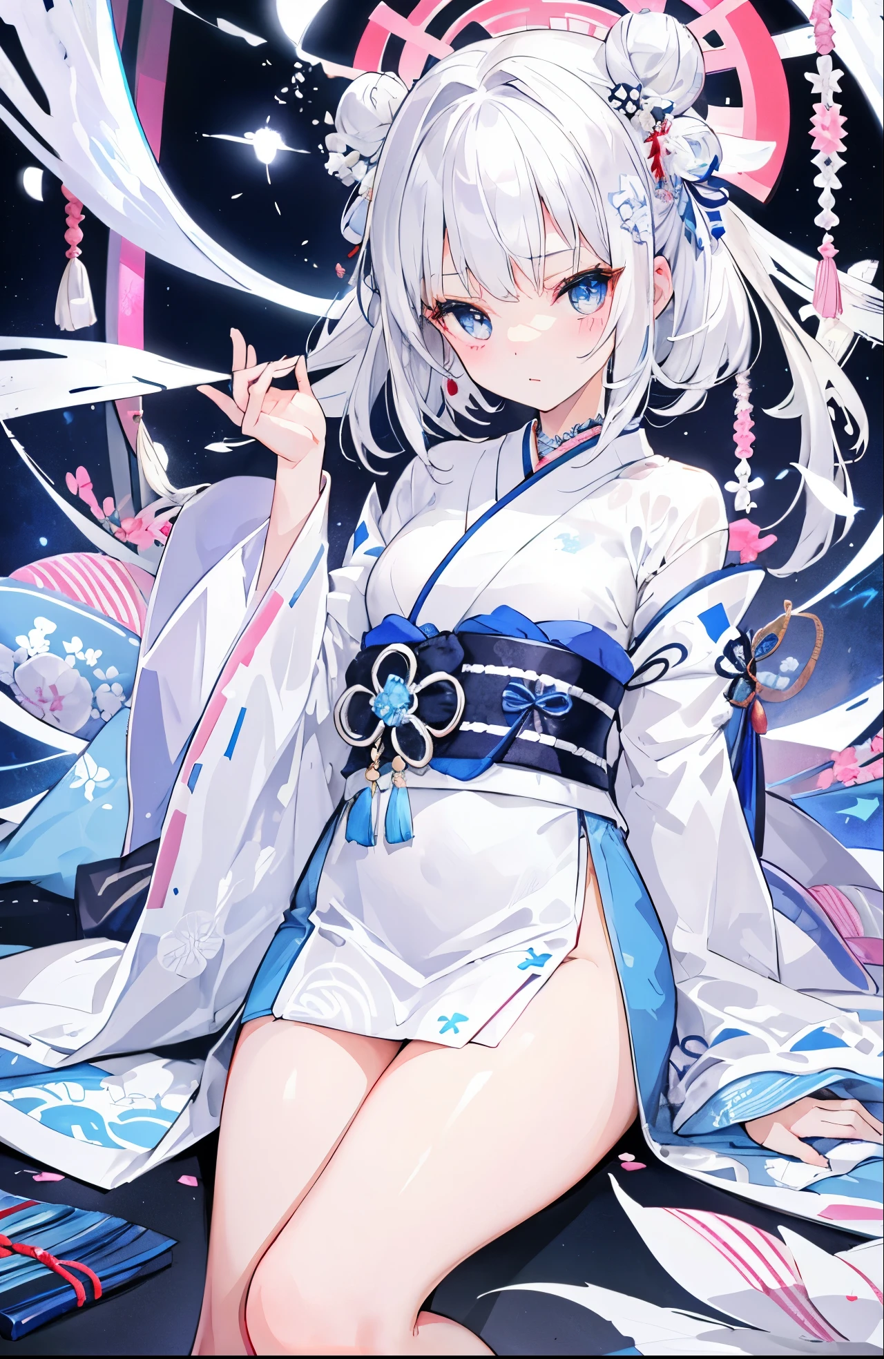 Silver-white hair，pupil，very stunning，Petite and cute little sweet girl，White blue Japanese kimono soft and waxy texture，Super cute