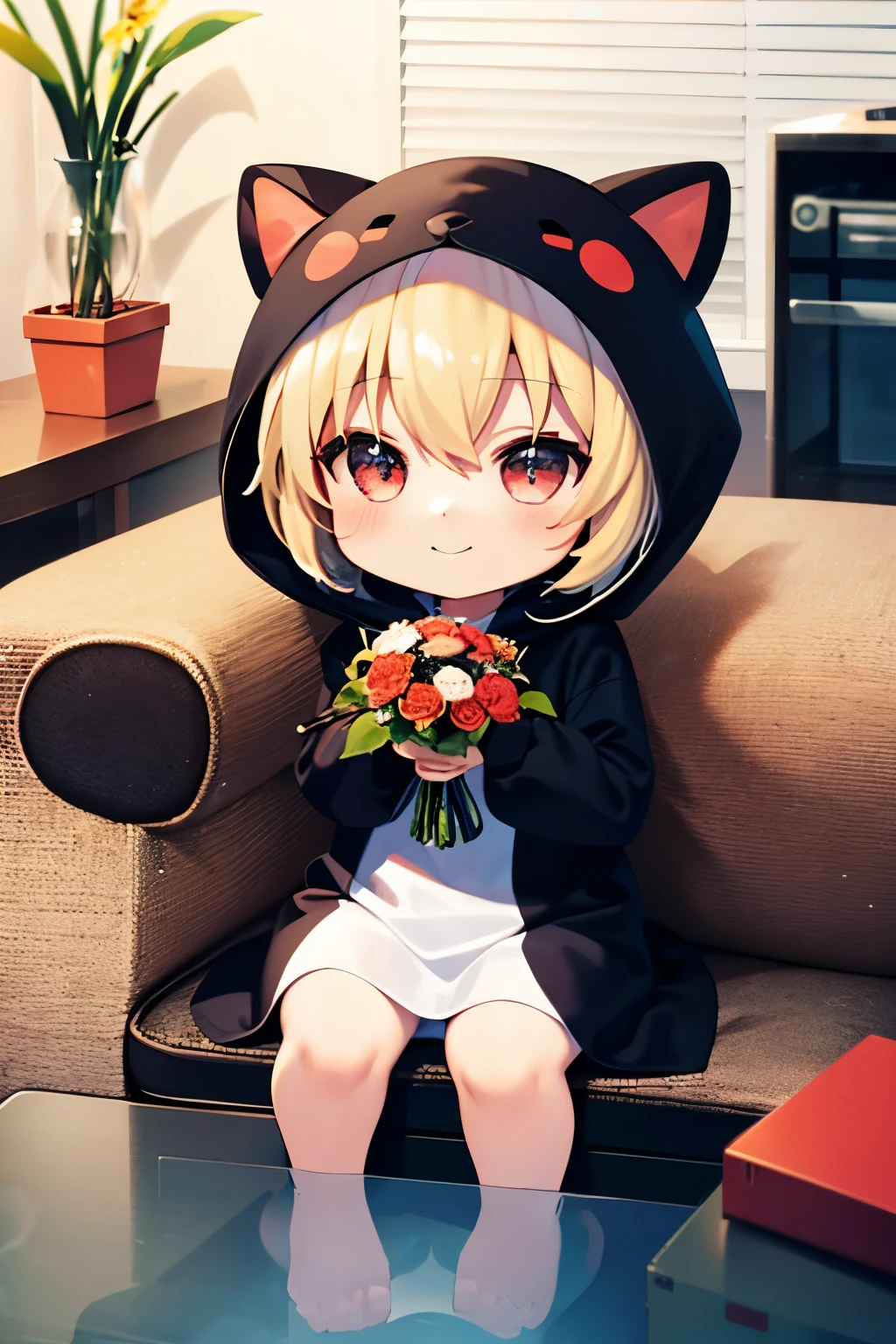 (Chibi:1.3), happy, (holding a bouquet), full body, (Kigurumi), indoors, on the table, (Nendoroid:1.1),