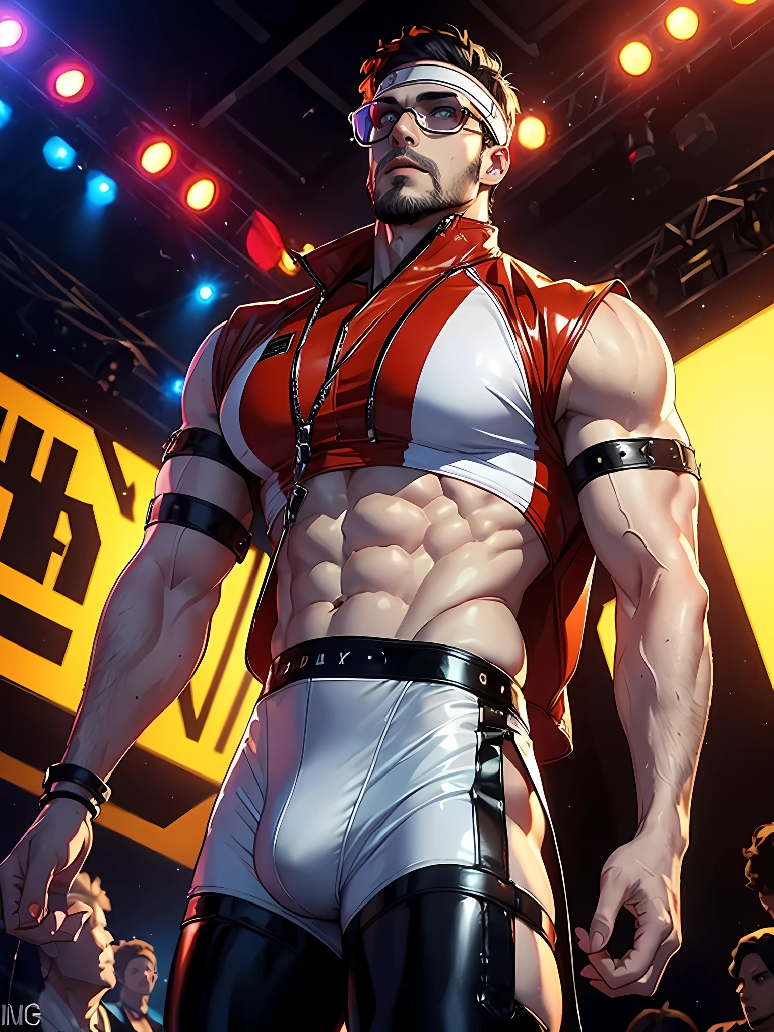 (((intricate design))) (((Top quality))) (((16K))) (((High Definition))) 16K splash art, photorealistic, high-res, ultra sharp, ((masterpiece)), the best quality, expressive eyes, perfect face, Super eyes, perfectly detailed anatomy (((Volumetric lighting))) (((Fluorescent Lights))) CG sense, dynamic blur, (((mature male))) (((muscular))) (((bodybuilder))) (((viewed from Behind))) big, big thighs, big bulge, cyberpunk, futuristic, ((attractive hairy male singer)) stubble beard, wearing red glasses, medium-length orange curly sleek hair, vampire, bright red eyes, (((pale skin))) on stage singing, cords, drum kit, keyboard, guitar, fireworks, neon spotlights, ((transparent visor)), mic stand, large crowd, neon lights, tailored yellow trench coat, silver rings, chain necklace, face piercings, white singlet, latex pants, brown boots, scared expression, looking off,