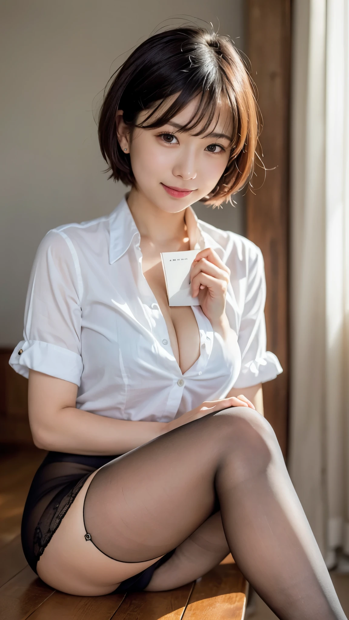 (8K, highest quality, masterpiece:1.2), (actual, realistic:1.37), Super detailed, 
1 girl,Lovely, alone,beautiful and detailed sky,Cafe details,sitting,obsolete,(smile:1.15),(please keep your mouth shut) small breasts,beautiful and delicate eyes,(collared shirt:1.1), white shirt, pleated skirt，black领，black，white lace, beautiful feet，(super realistic pantyhose:1.3), button suddenly opens
(Short hair details:1.2),flowing hair ,new frog style,,white skin,light,Bedroom，bedridden