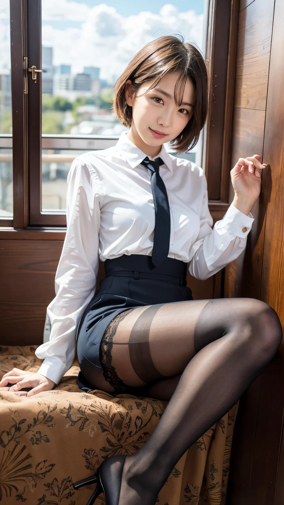 (8K, highest quality, masterpiece:1.2), (actual, realistic:1.37), Super detailed,
1 girl,Lovely, alone,beautiful and detailed sky,Cafe details,sitting,obsolete,(smile:1.15),(please keep your mouth shut) small breasts,beautiful and delicate eyes,(collared shirt:1.1), white shirt, pleated skirt,black领,black,white lace, beautiful feet,(super realistic pantyhose:1.3), button suddenly opens
(Short hair details:1.2),flowing hair ,new frog style,,white skin,light,Bedroom,bedridden
