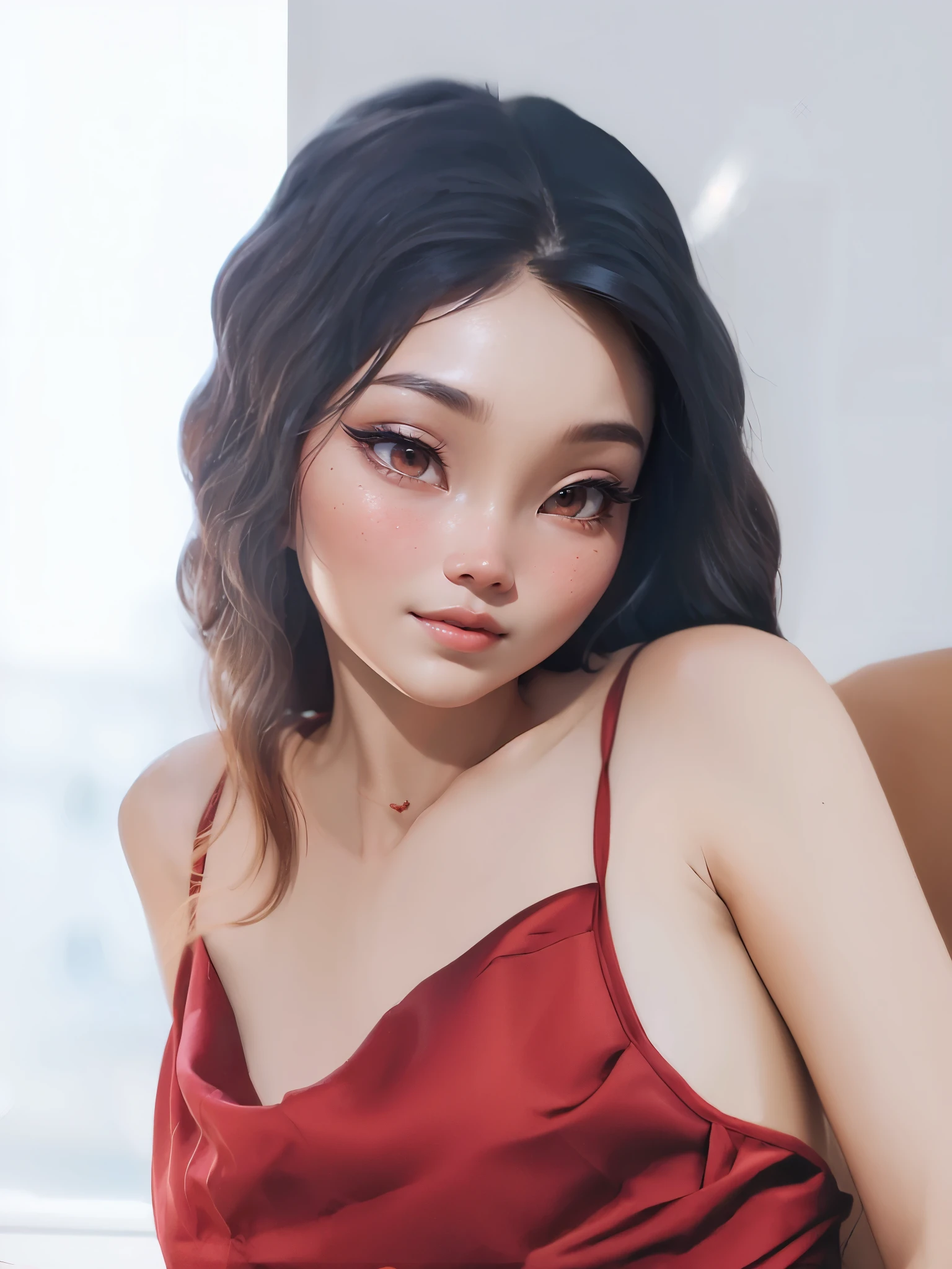 araffe woman in red dress sitting on a couch with a cell phone, an asian woman, a young asian woman, soft portrait shot 8 k, asian woman, young asian woman, beautiful asian woman, chinese woman, wearing a red cheongsam, chinese girl, asian girl, beautiful young asian woman, young woman, asian female, girl wears a red dress, (highly detailed face:1.4) (smile:0.7) (background inside dark, moody, private study:1.3) POV, by lee jeffries, nikon d850, film stock photograph ,4 kodak portra 400 ,camera f1.6 lens ,rich colors ,hyper realistic ,lifelike texture, dramatic lighting , cinestill 800