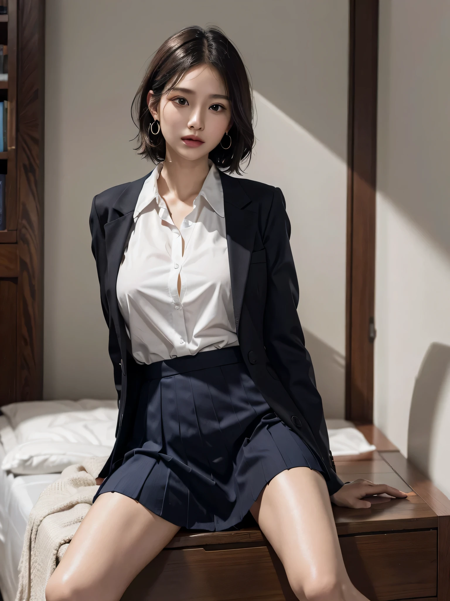 (disorganized, RAW photo, very delicate and beautiful, masterpiece, highest quality, ultra high resolution, 16k, surreal, super detailed, perfect anatomy, super dense skin, perfect figure:1.2), Highly detailed CG 8k wallpaper, 20's, very slim body, (tight waist:1.2), very small head, very small face, delicate features, tearful mole, earrings, thin legs, (very huge round breasts:1.1), (full body shot:1.1), 1 girl, short hair, wavy hair, (school uniform:1.3), (Wet:1.1),