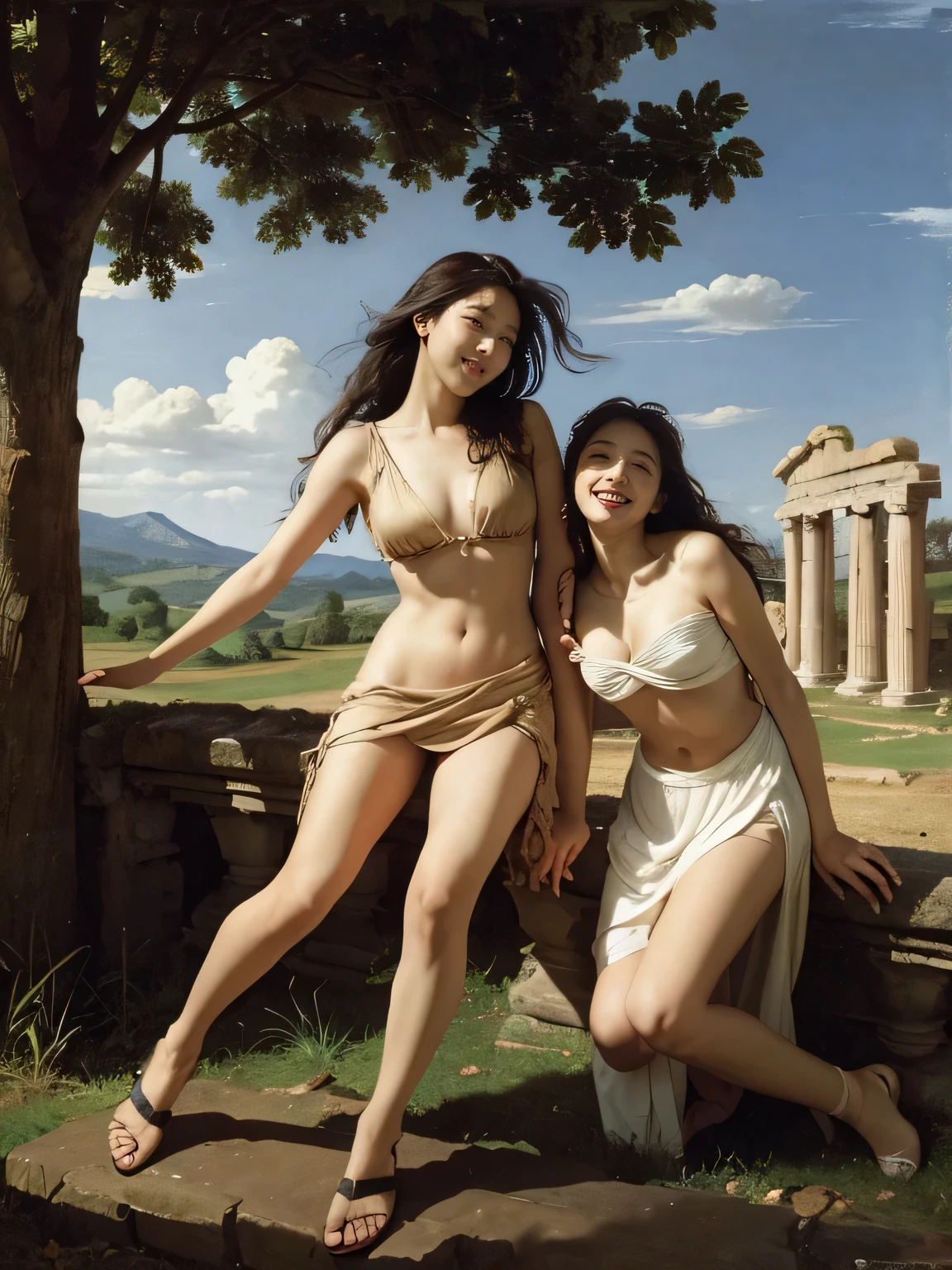 full body portrait,Ancient Roman ruins,Poussin-style landscape,A smile,,Sweet and seductive appearance.、Caravaggio's paintings、Chiaroscuro of Caravaggio、Hair disheveled in the wind,Two women frolicking,Cute smile, Expression of ecstasy,A sexy,Erotic