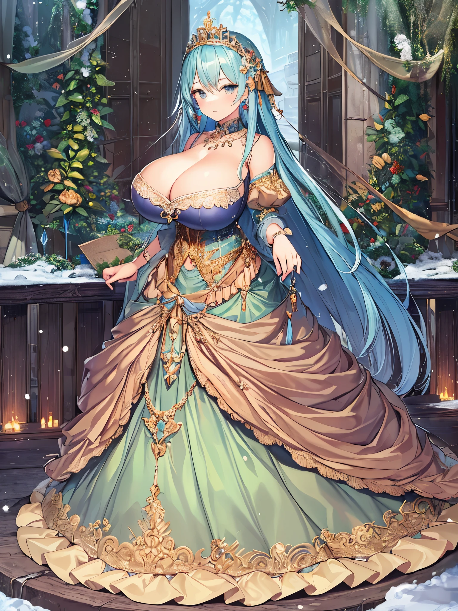 anime artstyle,Masterpiece,Best Quality,Super Detail,((Very Delicate and Beautiful)),(((1 princess in beautiful embroidery and jeweled gorgeous rococo ballgown with voluminous hoop skirt))),((Solo)),((winter garden with snow,sonw,sky)),((outdoor)),(((full body))),(very gigantic tits:1.8),((,cleavage,gigantic tits,cleavage,sagging tits)),skindentation,(detailed face and eyes),jewel-like eyes,((extremely voluminous straight Hair,Extremely Long Straight Hair)),((gorgeousfull embroidery and lace,beautiful embroidery and jeweled)),Gorgeous Gemstone Jewelry,gorgeous corsage,((gorgeous hair ornament,glitter jeweled gorgeous big tiara)),((full body)),((beautiful embroidery and jeweled gorgeous rococo ballgown with voluminous hoop skirt)),(crinoline),((winter garden with snow,sonw,snowflake,outdoor,sky)),Looking at viewer,dynamic angle,(((beautiful embroidery and jeweled gorgeous rococo ballgown with voluminous hoop skirt))),(gorgeous rococo ballgown),(full body)