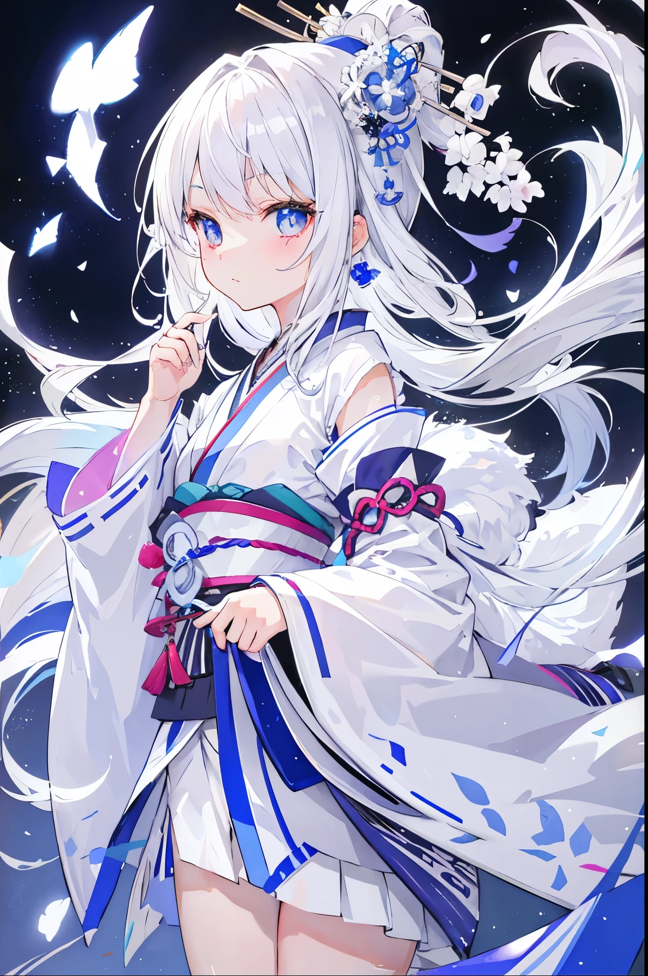 Silver-white hair,pupil,very stunning,Petite and cute little sweet girl,White blue Japanese kimono soft and waxy texture,Super cute