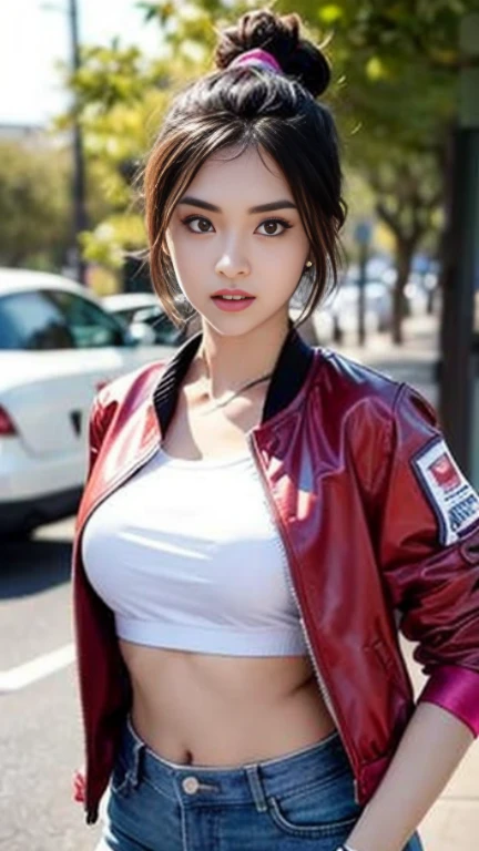 Best Quality, Ultra High Resolution, (Realism: 1.4), Depth of Field, Beautiful Face, (PureErosFace_V1: 0.8), 1girl, ((crop top)), ((hair tied)) ((jacket))