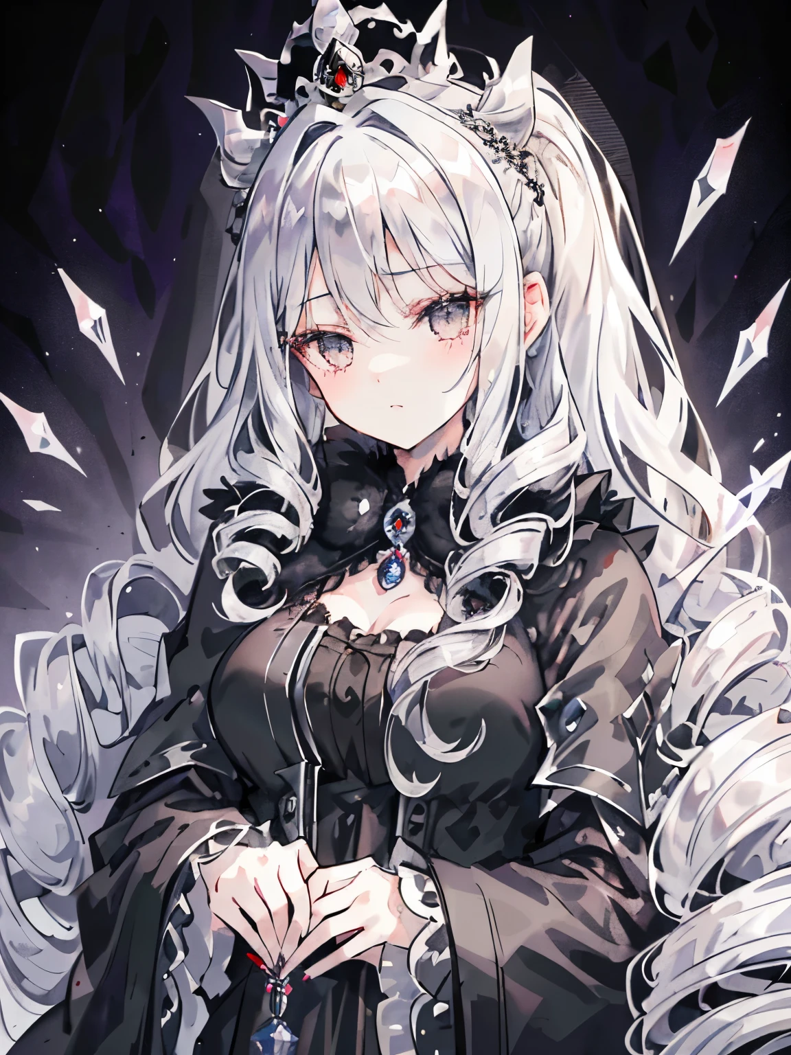 girl,((fluffy silver hair)),((drill curl long hair)),((tied loosely:1.2)),((A jet black crown and a black veil:1.2)),((noble atmosphere)),admiring face,cute,close up of face,(crown background:1.3),((emperor of darkness:1.4)),((Luxurious, dark and gorgeous dress:1.2)),((Finely decorated crystal wand:1.3))