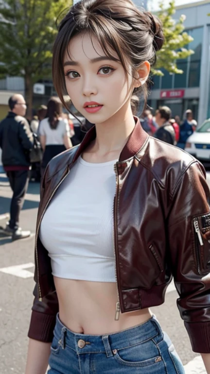 Best Quality, Ultra High Resolution, (Realism: 1.4), Depth of Field, Beautiful Face, (PureErosFace_V1: 0.8), 1girl, ((crop top)), ((hair tied)) ((jacket))