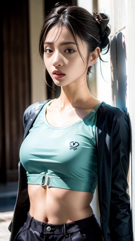 Best Quality, Ultra High Resolution, (Realism: 1.4), Depth of Field, Beautiful Face, (PureErosFace_V1: 0.8), 1girl, ((crop top)), ((hair tied)) ((jacket))