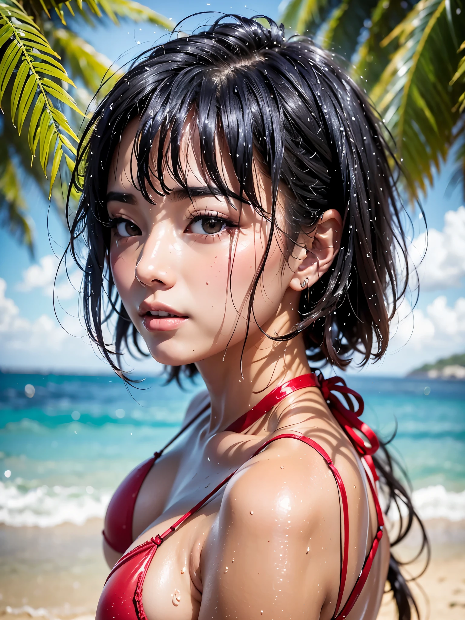 (masterpiece:1.3), (8K、photorealistic, Raw photo, best quality:1.4), (solo), 1 Japan Girl, beautiful face, Beautiful face with perfect symmetry, cute face, wonderful smile, (beautiful black hair bob cut), beautiful black eyes, perfect anatomy, (high detail skin: 1.2), Natural breasts, Beautiful thighs, braid hair, With bangs, ((bright red swimsuit )), sweaty, wet skin, ((wet red bikini:1.1)), Beautiful sea in a tourist destination in the tropics of Asia, beautiful white sand beach, perfect lighting, focus only, perfect anatomy, (Big natural ass), Front view,