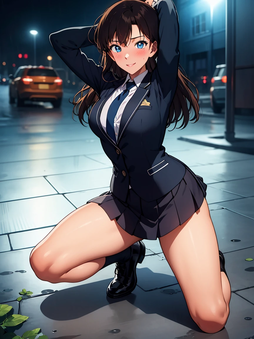 Mori Ran, (black hair, long hair, wavy hair), bangs, blue eyes, 1girl, necktie, school uniform, green necktie, white shirt, black jacket, collared shirt, shirt, blazer, long sleeves, black  mini skirt, pleated skirt, skirt, medium breasts
BREAK 
full body view, full body shot, kneeling, Raise your arms behind your head, open the legs
BREAK 
smile, blush
BREAK
Masterpiece, best quality, high resolution, 8K, official art, super resolution, extremely detailed and beautiful, extremely detailed, amazing and detailed, highly detailed beautiful girl, highly detailed face, highly detailed eyes, highly detailed skin, highly detailed fingers, highly detailed nose, very detailed mouth, perfect anatomy 
BREAK
night, outdoor, neon street, elm street, rain, midnight, late at night, darkness, extremely detailed CG unity 16k, very fine 16KCG wallpapers