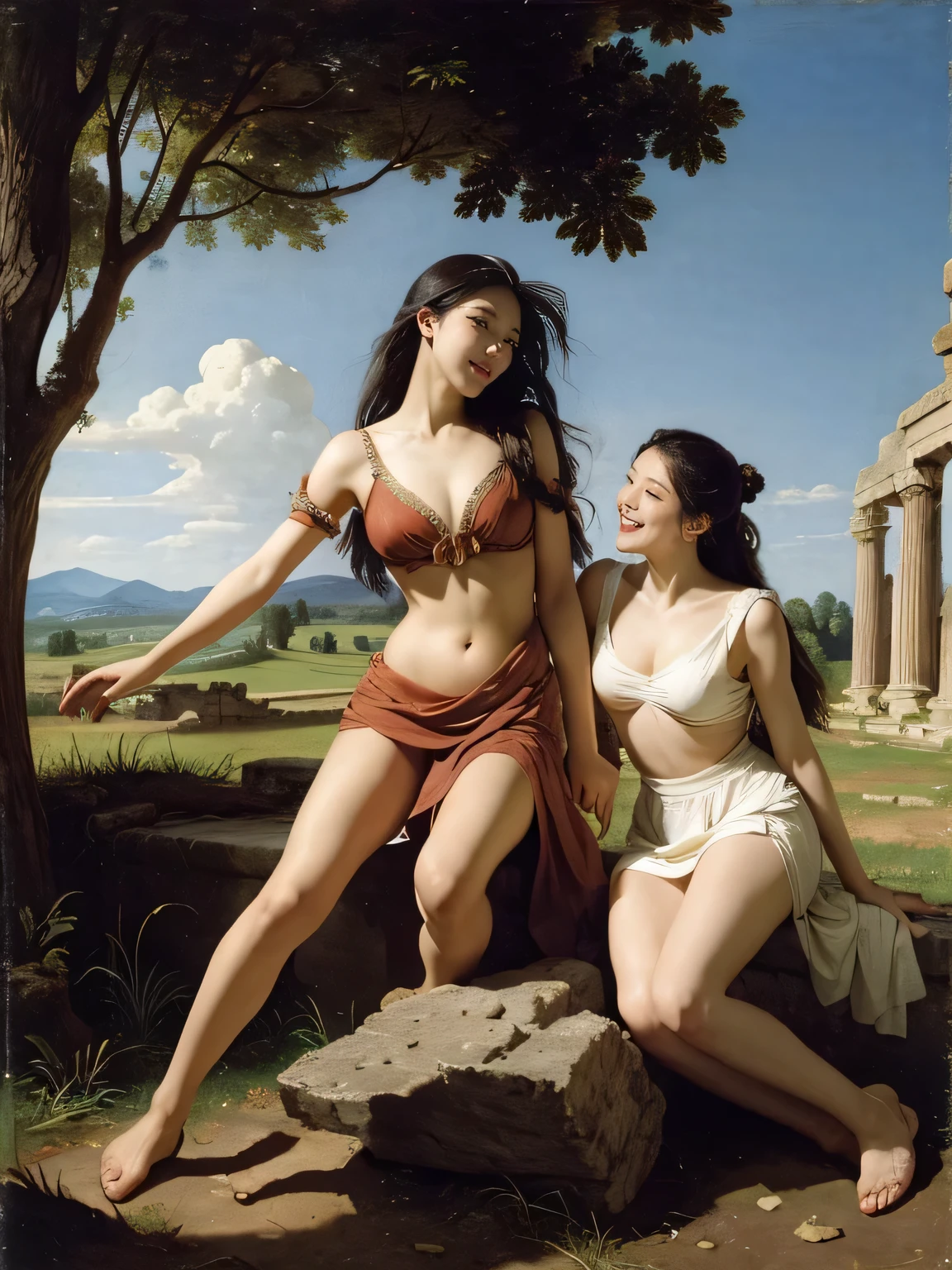 full body portrait,Ancient Roman ruins,Poussin-style landscape,A smile,,Sweet and seductive appearance.、Caravaggio's paintings、Chiaroscuro of Caravaggio、Hair disheveled in the wind,Two women frolicking,Cute smile, Expression of ecstasy,A sexy,Erotic