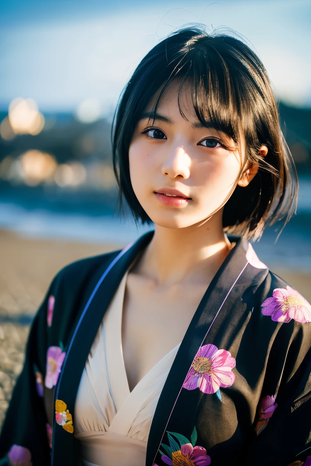 20-year-old Japanese supermodel girl，black hair，bright kimono，Japanese seaside background，a ray of light，beautiful facial lighting，big deal，Photographed by Yui Aragaki，6 o&#39;clock&#39;bell