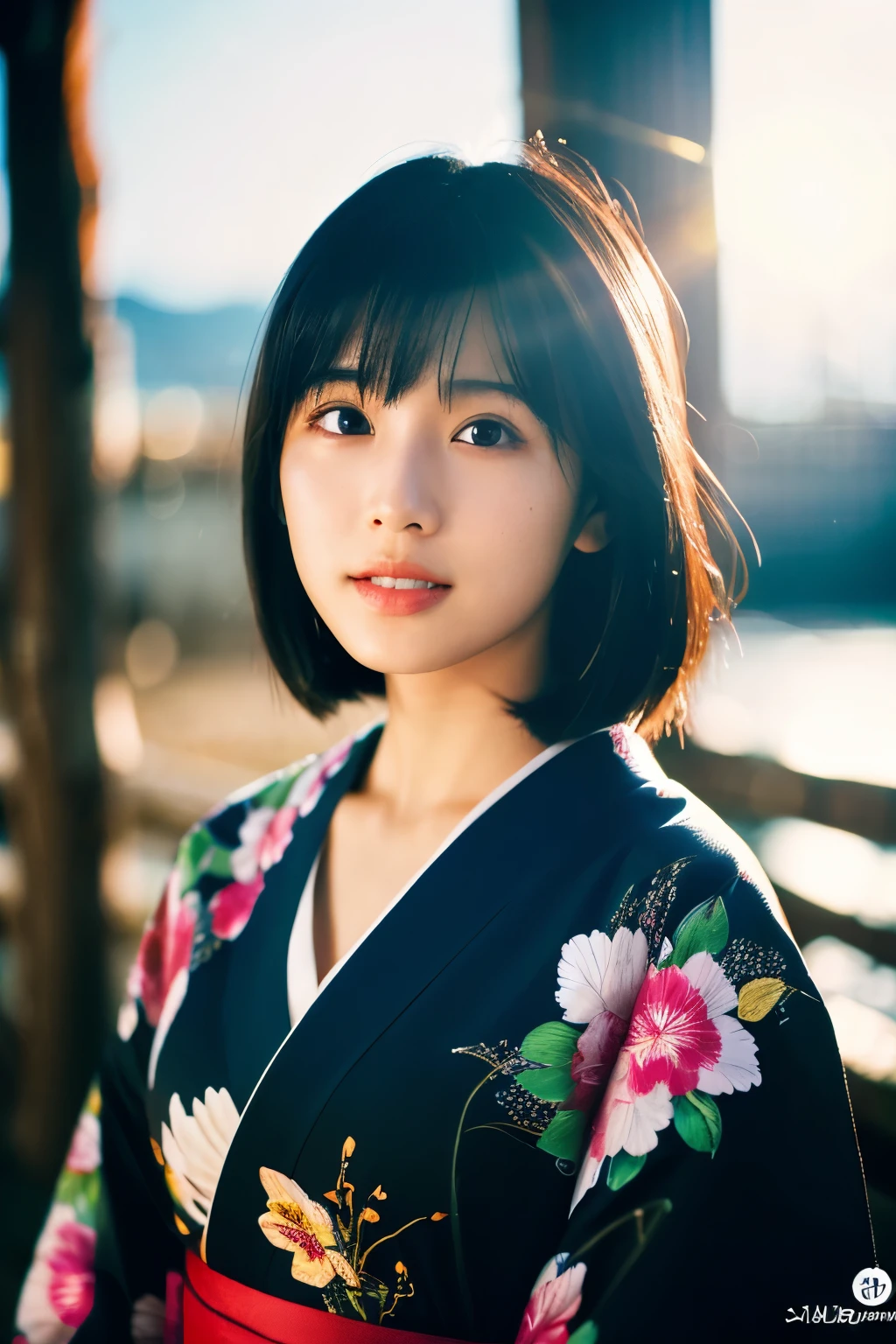 20-year-old Japanese supermodel girl，black hair，bright kimono，Japanese seaside background，a ray of light，beautiful facial lighting，big deal，Photographed by Yui Aragaki，6 o&#39;clock&#39;bell