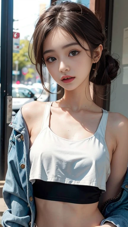 Best Quality, Ultra High Resolution, (Realism: 1.4), Depth of Field, Beautiful Face, (PureErosFace_V1: 0.8), 1girl, ((crop top)), ((hair tied)) ((jacket))