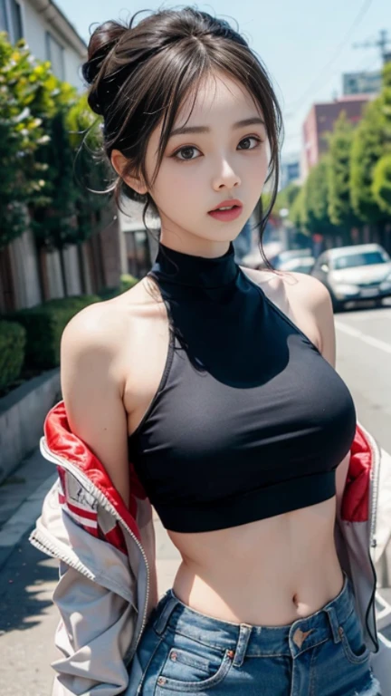Best Quality, Ultra High Resolution, (Realism: 1.4), Depth of Field, Beautiful Face, (PureErosFace_V1: 0.8), 1girl, ((crop top)), ((hair tied)) ((jacket))