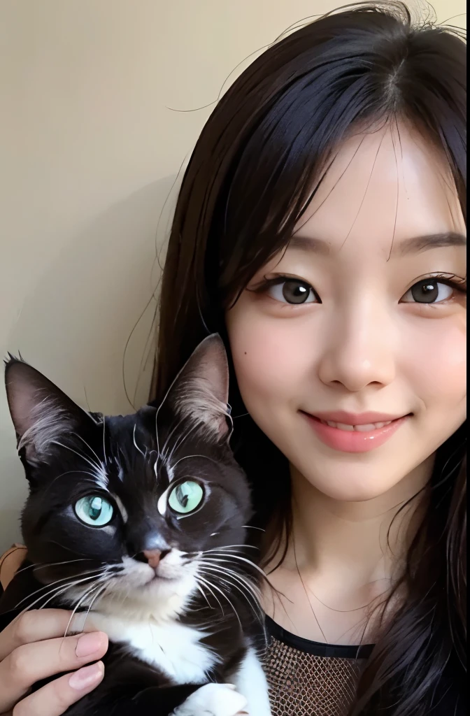 Holding a cat、((muste piece)), ((highest quality)), (Super detailed), model-like face、Beautiful woman、adult、Couture、hostess、smile