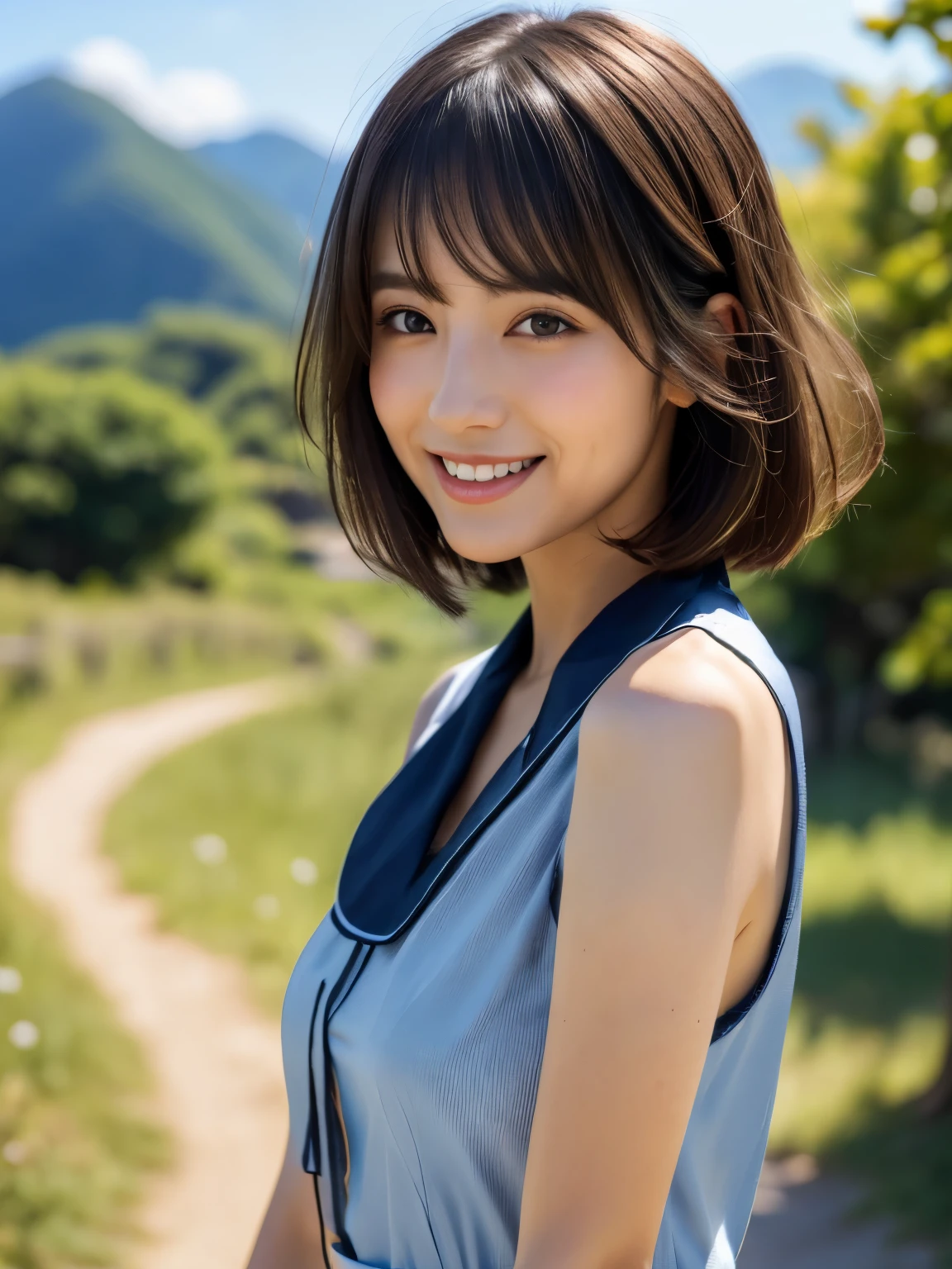 masterpiece, 1 girl per photo, cowboy shot, Front view, Japanese young cute girl, Mountains in the countryside of Japan々Stand alone on a path surrounded by, big smile, glamorous look, wearing a sleeveless light blue blouse with collared, She is wearing a short light brown culotte skirt., wearing a straw hat, super cute face, glossy lips, double eyelids of both eyes, natural makeup, Shiny and smooth light brown long bob hair, asymmetrical bangs, sunburned skin, center image, 8K resolution, high detail, detailed hairstyle, detailed face, cinematic lighting, octane rendering, surreal, perfect limbs, perfect anatomy