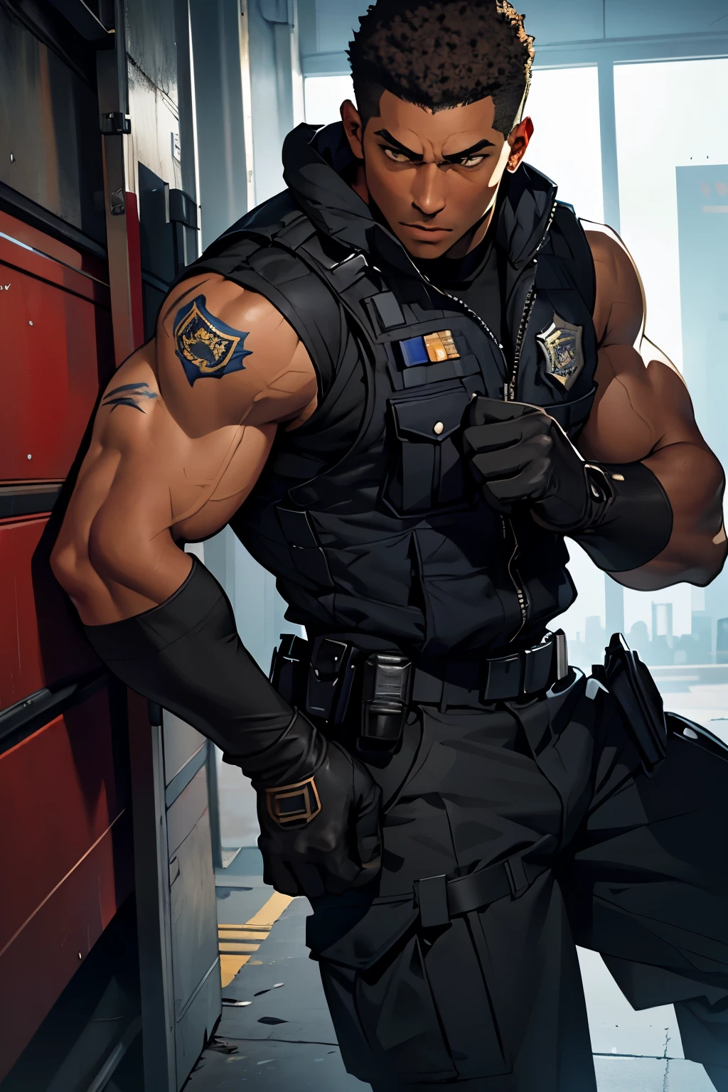 short hair and black skin, male police officer with Afro-descendant features, short hair combed back, light brown eyes, fight scar on face, defined arm muscles, wearing gloves, with black military vest and dark military pants, male police officer, in a pose of fight