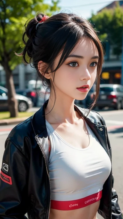 Best Quality, Ultra High Resolution, (Realism: 1.4), Depth of Field, Beautiful Face, (PureErosFace_V1: 0.8), 1girl, ((crop top)), ((hair tied)) ((jacket))