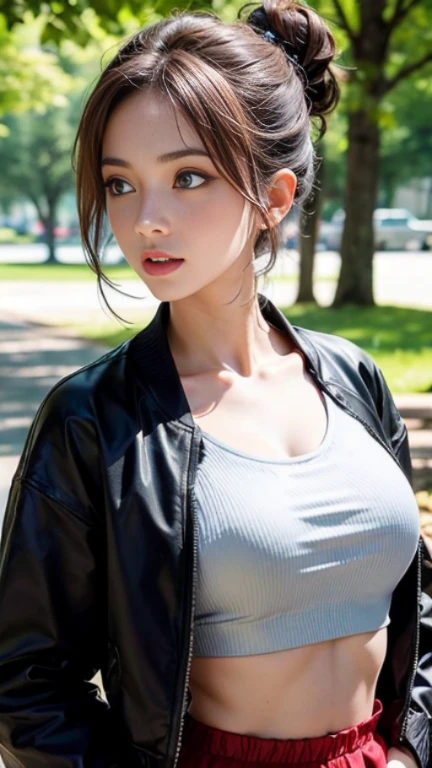 Best Quality, Ultra High Resolution, (Realism: 1.4), Depth of Field, Beautiful Face, (PureErosFace_V1: 0.8), 1girl, ((crop top)), ((hair tied)) ((jacket))