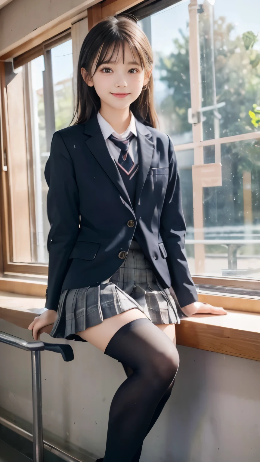 Super fine、8k、muste piece、(RAW photo:1.4)、High resolution、((Composition gradually moving away from the subject))、((Full body photo from face to ankles))、((perfect anatomy))、Landscape Pose、1 female 14 years old、detailed skin、glowing skin、baby face、double eyelid、long eyelashes、Moist eyes、small face、smile、open your mouth、Neat and clean hairstyle、school hallway、stare out the window、Put your hands on the window and stretch out.、turn your body toward the window、Natural light comes in from the windows、Dreaminess、realistic school scenery、middle School girls、A blue and gray school bag slung over my shoulder、、slender and delicate body、small breasts、Blazer uniform with green lines、girls school uniform、plaid skirt、healthy、young female teenager、black tights、black tights、black knee high socks、茶色のloafers革靴、loafers、full body shot、Neat and clean hairstyle、Emphasizes the rather slender leg line
