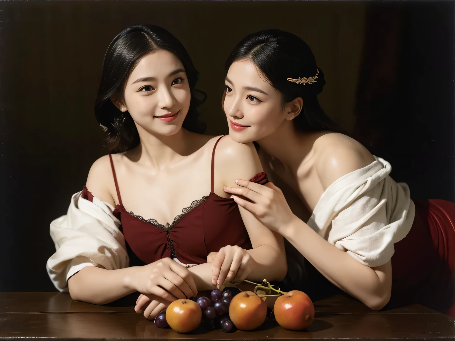 full body portrait ,fruit,grapes,rosa,antique,laughter,,Sweet and seductive appearance.、Caravaggio's paintings、Chiaroscuro of Caravaggio,Two women frolicking,cute smile, expression of ecstasy